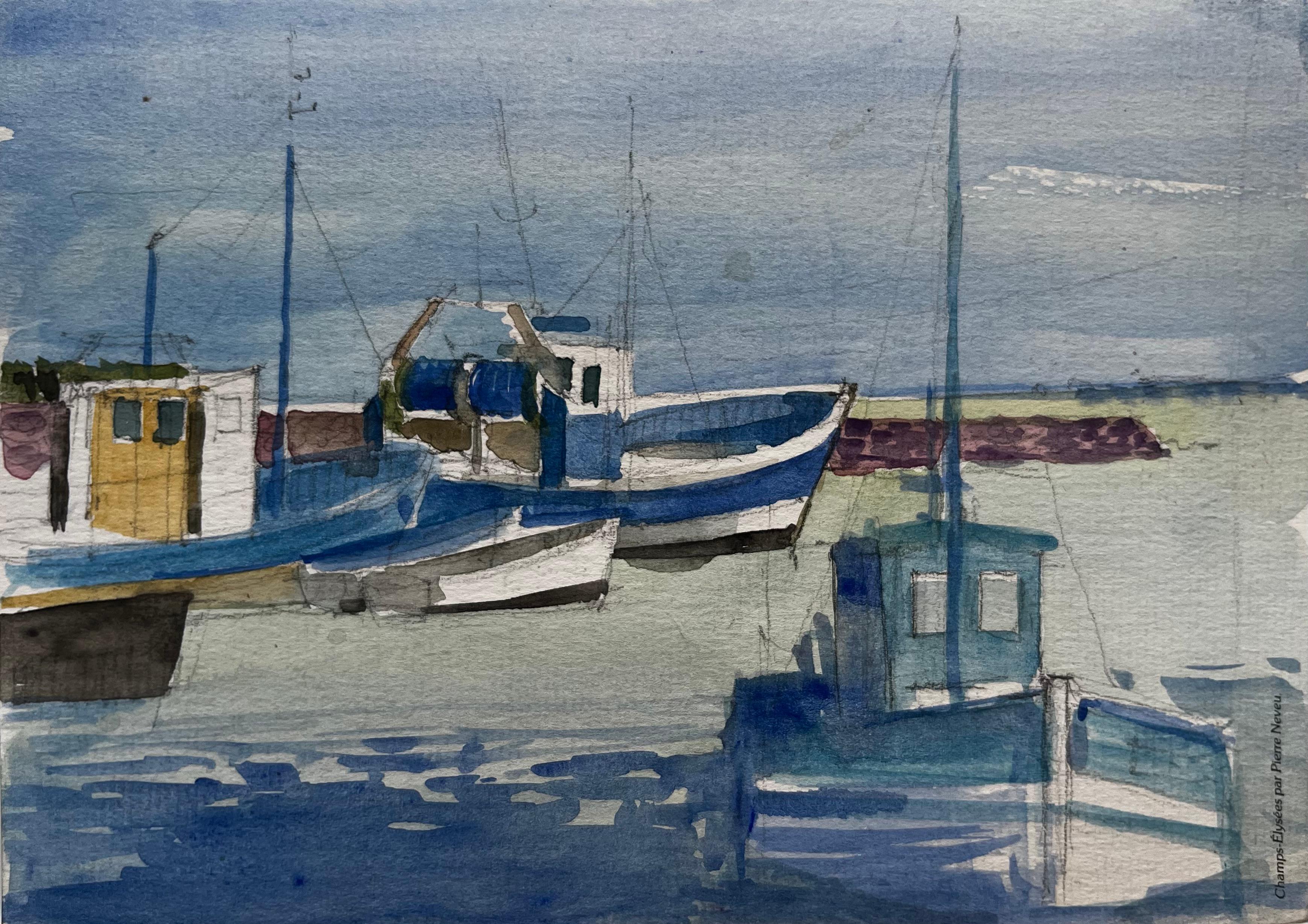 Fishing Boats Moored in Quiet Harbour French Coastal Watercolor