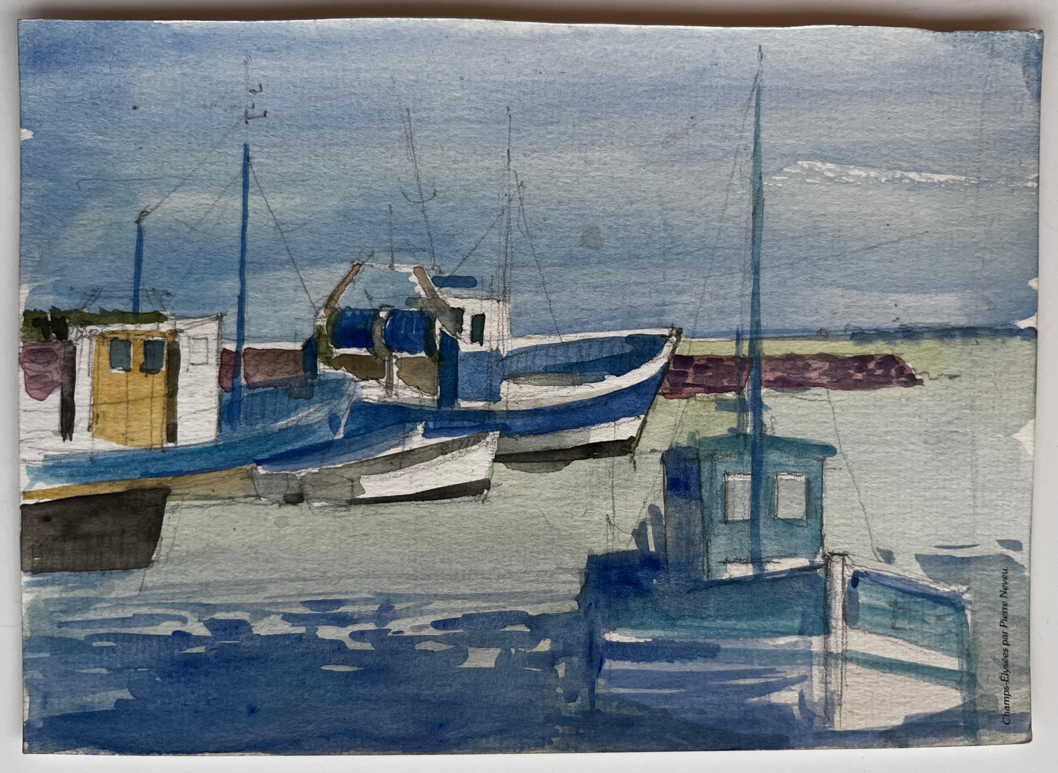 Fischerboote im ruhigen Hafen verankert Französisches Küstenaquarell – Art von Pierre Neveu