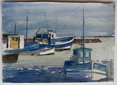 Bateaux de pêche amarrés dans un port tranquille Aquarelle côtière française