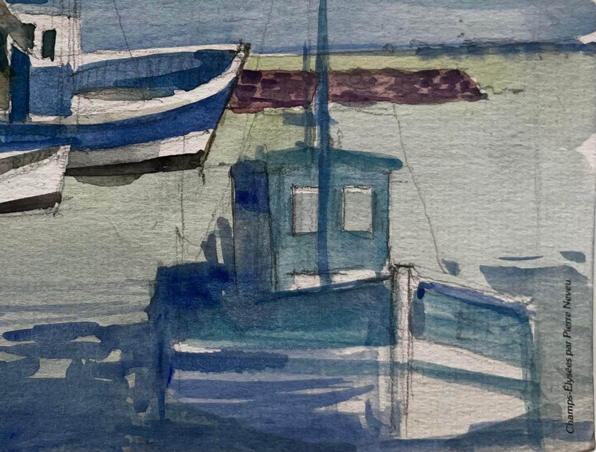 Titel: Fischerboote im ruhigen Hafen Französisch Küsten Aquarell
Künstler: Pierre Neveu (Franzose, geb. 1929)
Medium: Aquarell auf Künstlerpapier, ungerahmt
Größe (H x B): 6,25 x 8,5 Zoll
Zustand: Insgesamt gut, mit leichten Randabnutzungen und