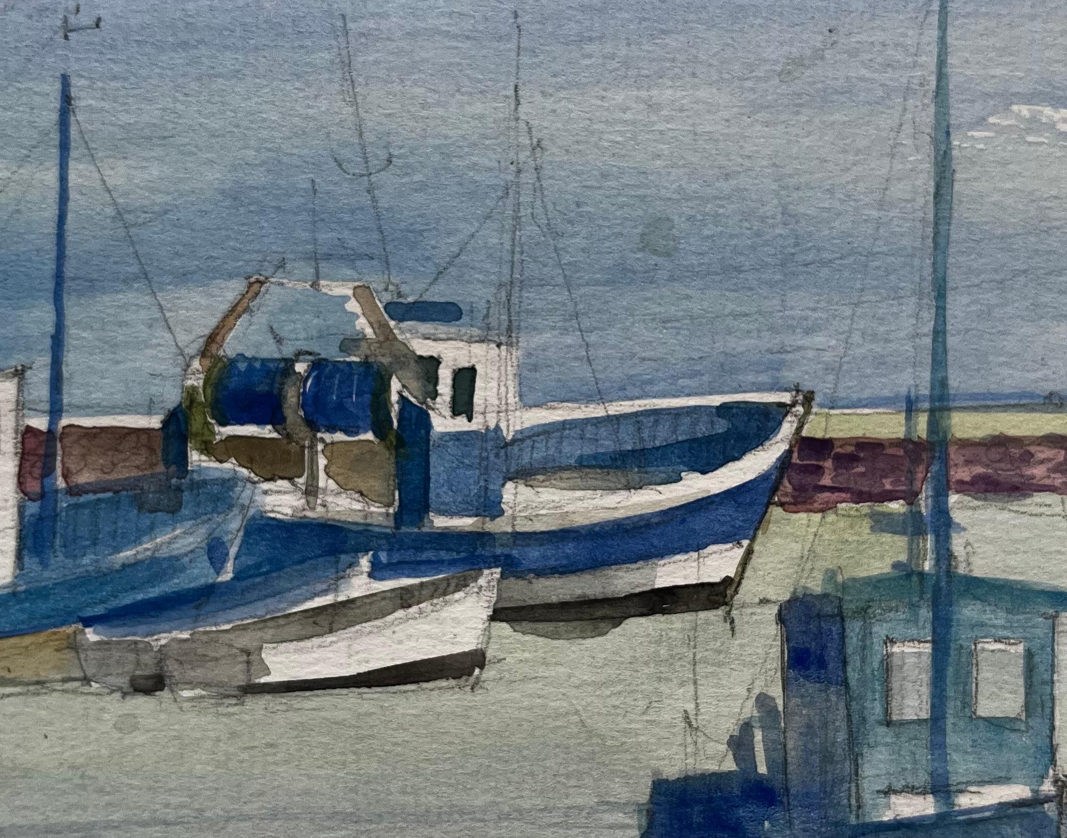 Fischerboote im ruhigen Hafen verankert Französisches Küstenaquarell im Angebot 1