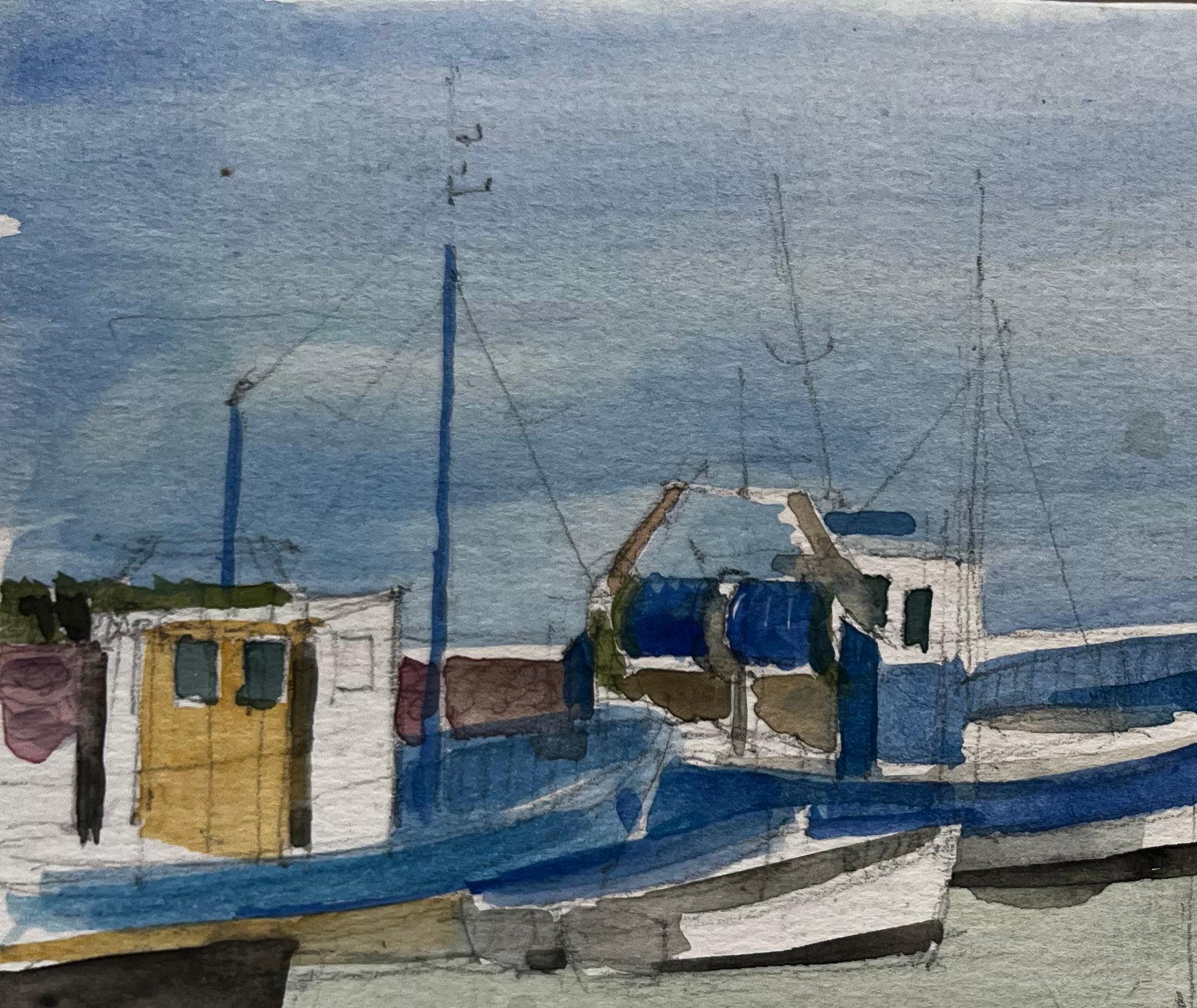 Fischerboote im ruhigen Hafen verankert Französisches Küstenaquarell (Post-Impressionismus), Art, von Pierre Neveu