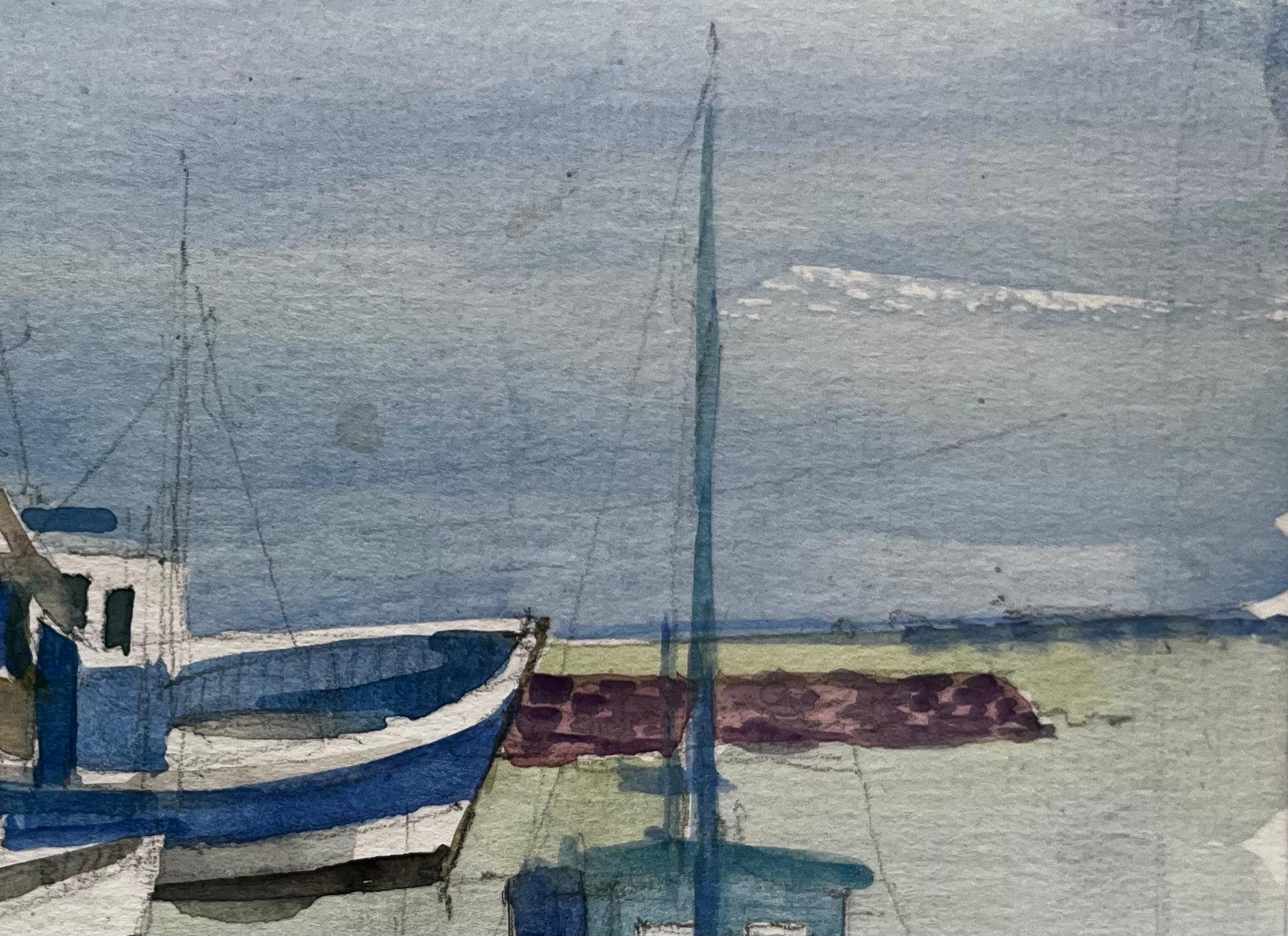 Fischerboote im ruhigen Hafen verankert Französisches Küstenaquarell im Angebot 3