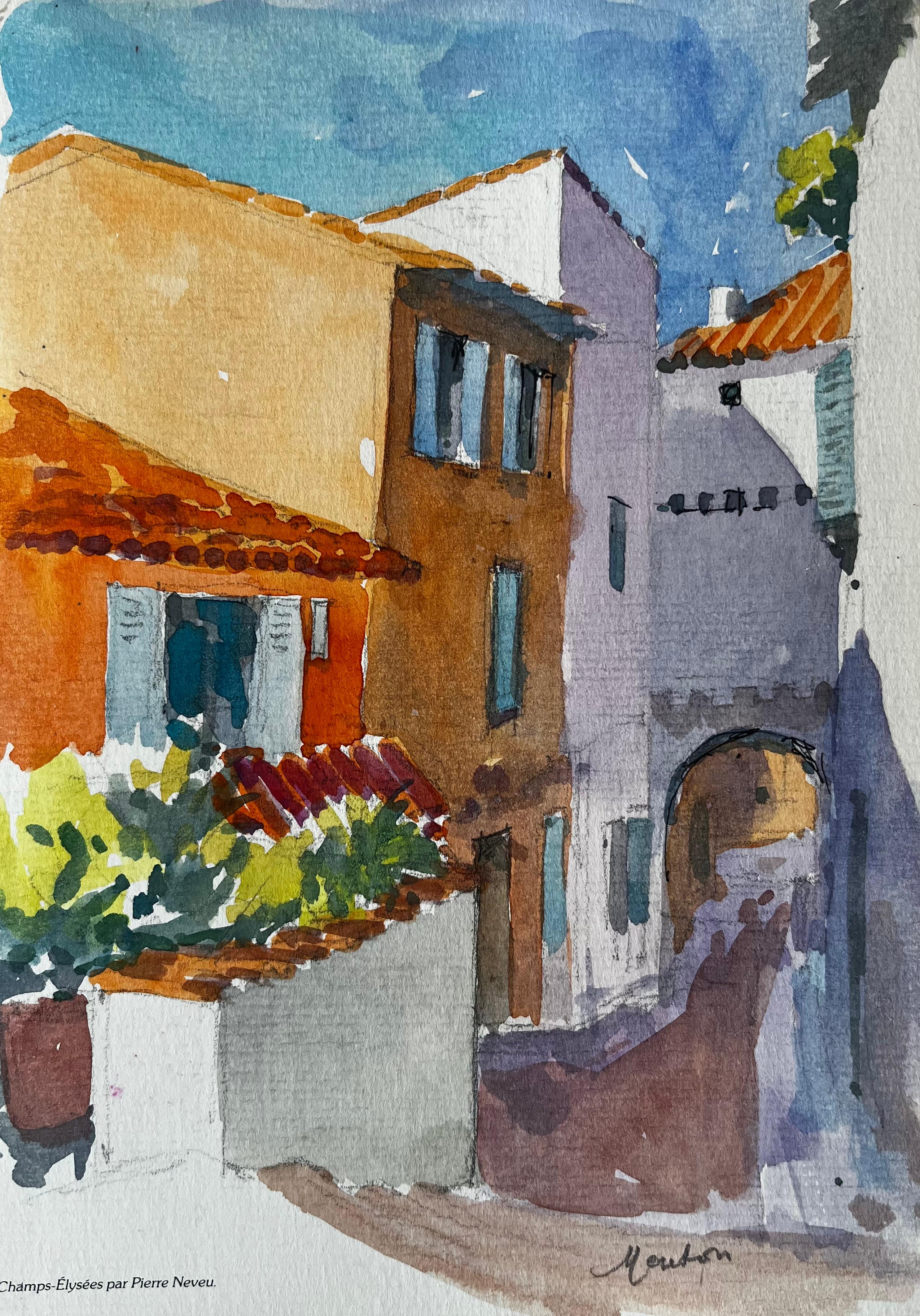 Mentone, strada mediterranea illuminata dal sole, colorato villaggio francese, acquerello