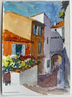 Sunlit Menton Mediterranean Street Colourful French Village Watercolor