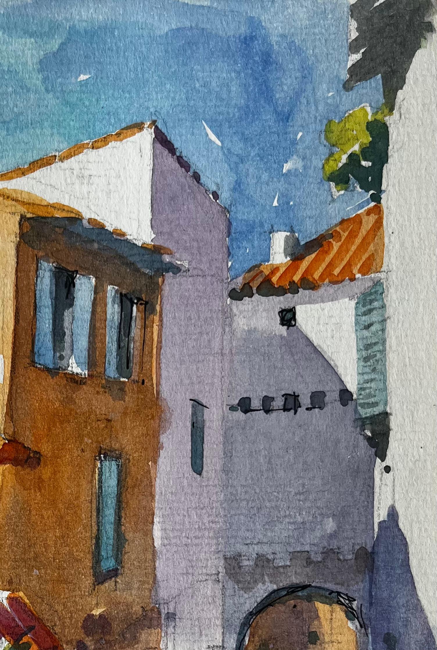 Mentone, strada mediterranea illuminata dal sole, colorato villaggio francese, acquerello - Landscape Art Grigio di Pierre Neveu