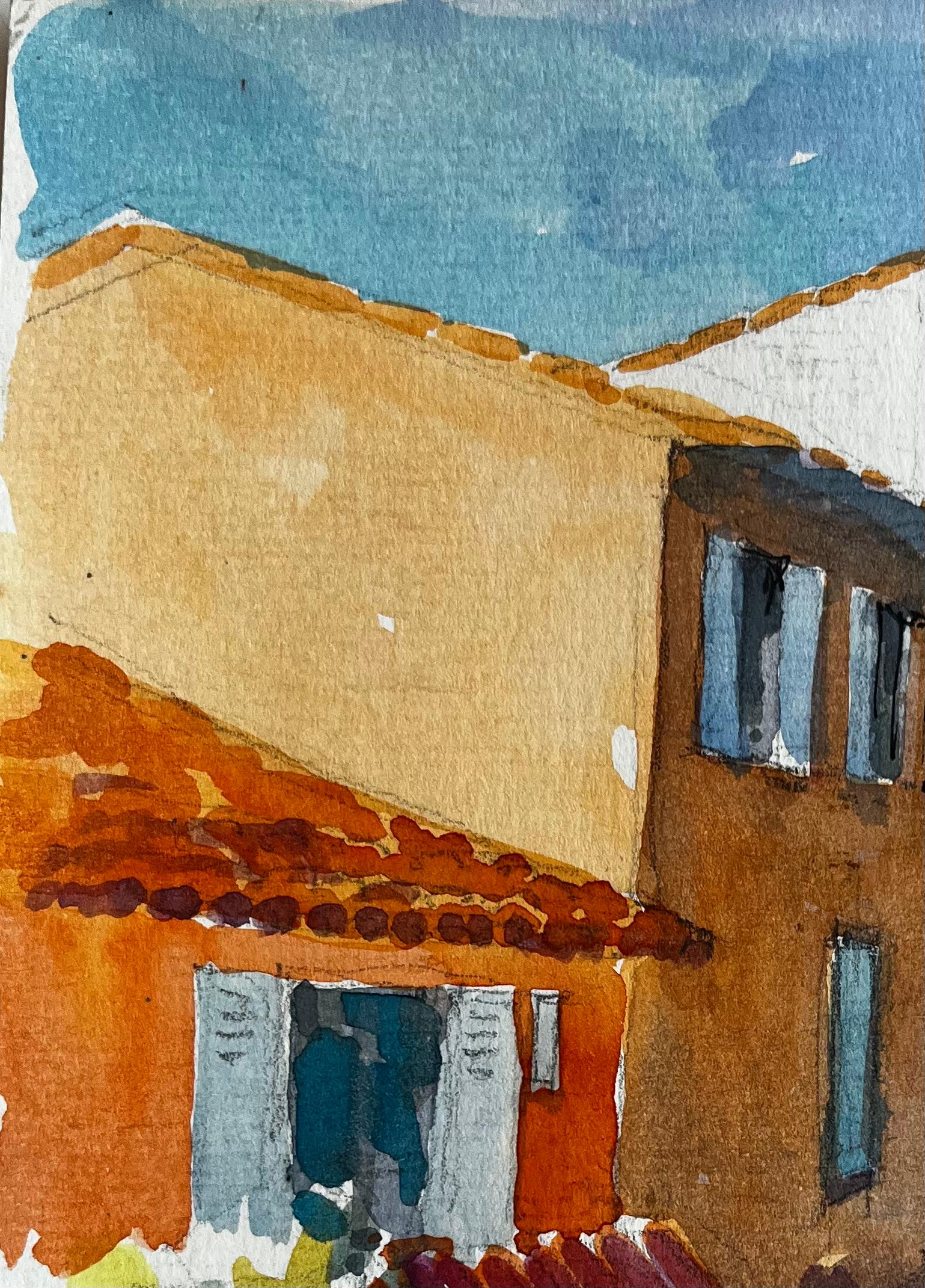 Mentone, strada mediterranea illuminata dal sole, colorato villaggio francese, acquerello - Art Postimpressionismo di Pierre Neveu