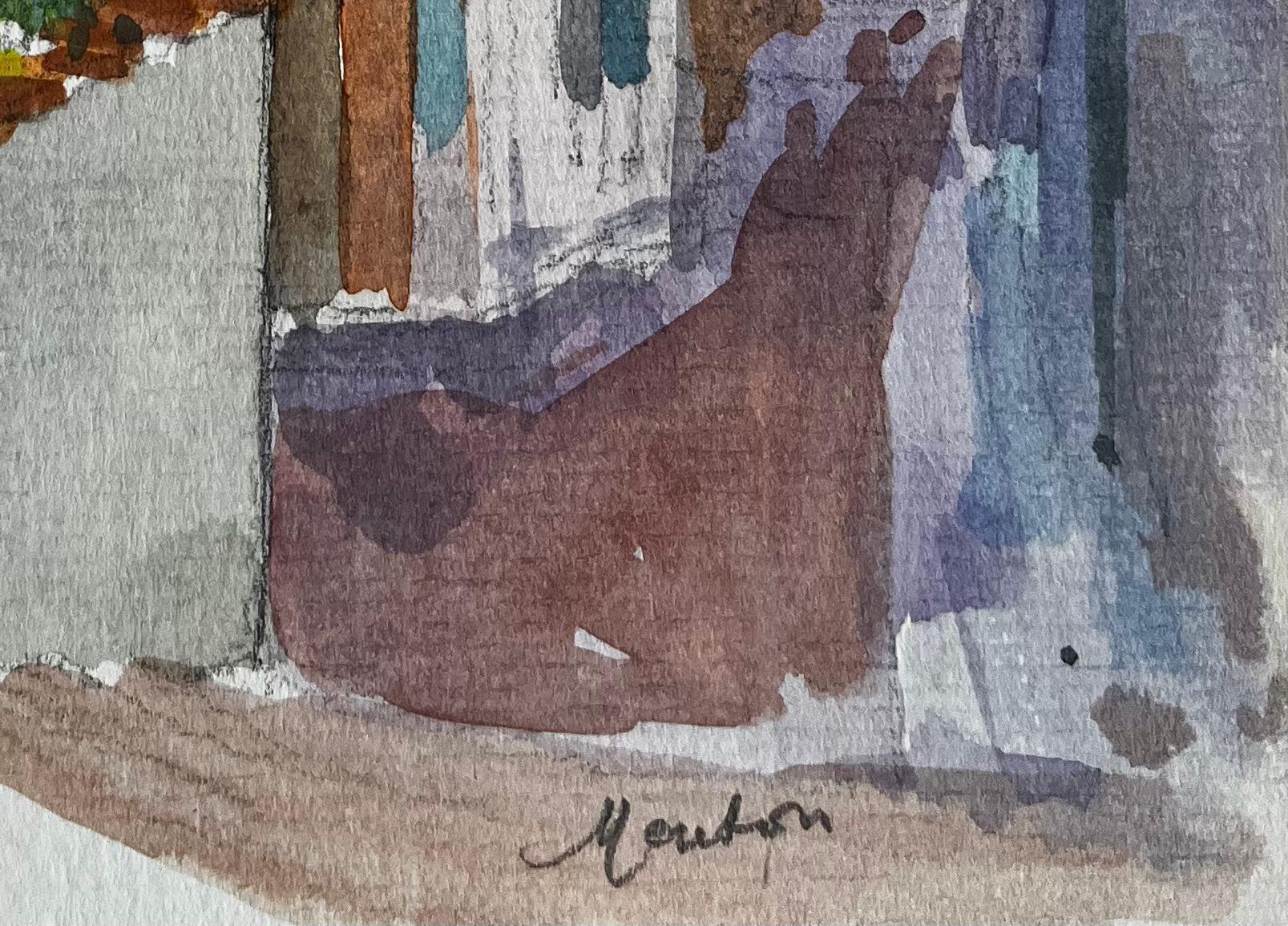 Mentone, strada mediterranea illuminata dal sole, colorato villaggio francese, acquerello in vendita 3