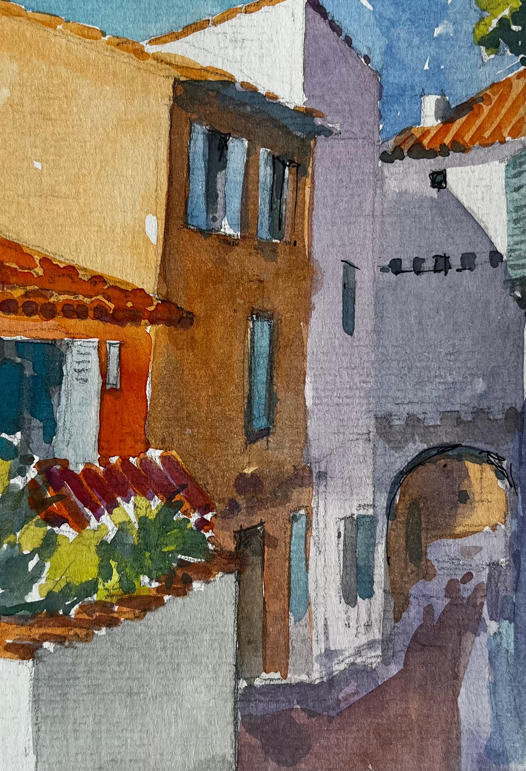 Mentone, strada mediterranea illuminata dal sole, colorato villaggio francese, acquerello in vendita 2