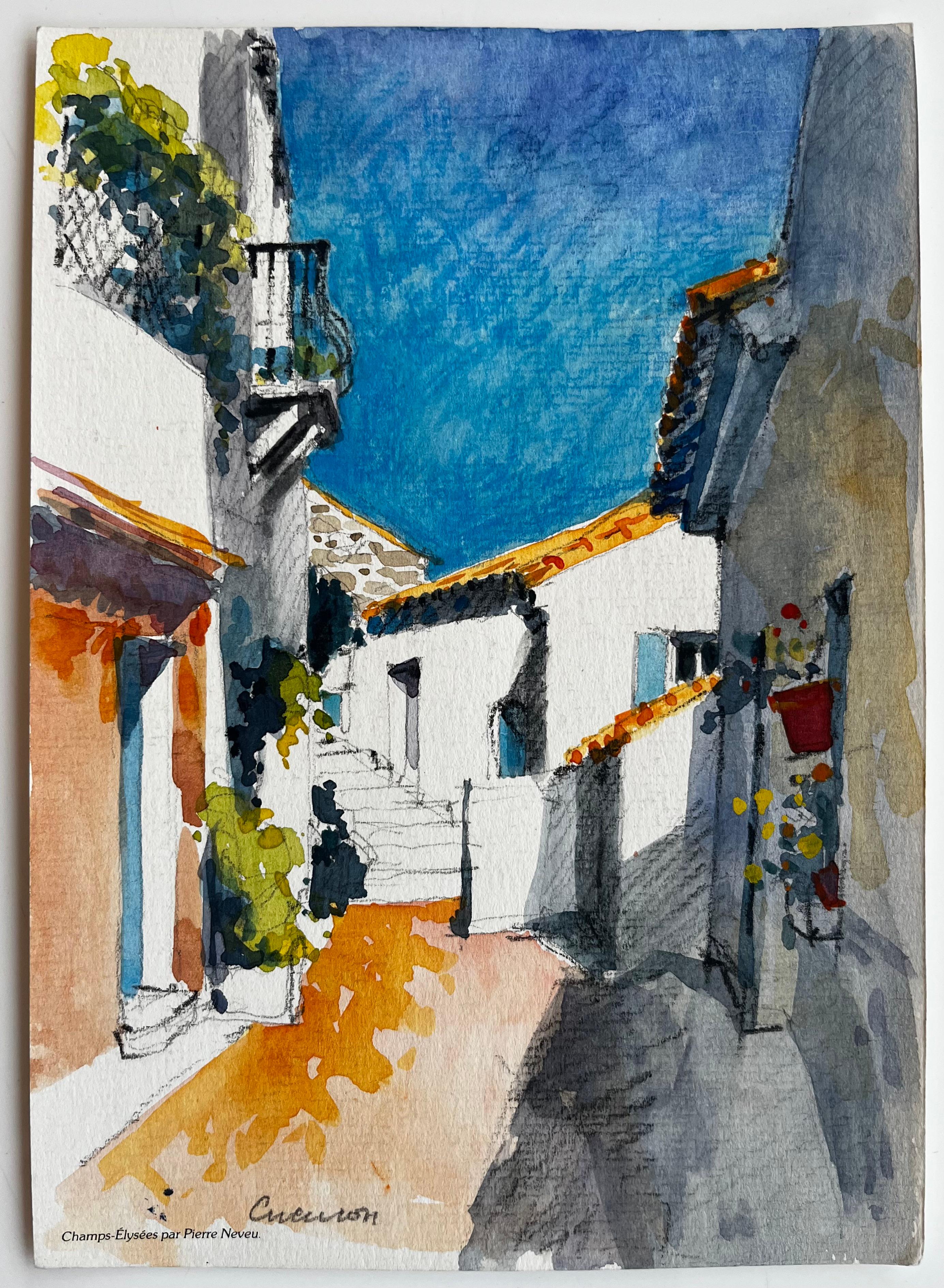 Sonnenbeschienenes Cucuron Mediterranes Gässchen Weiß getünchte Häuser Französisches Dorf – Art von Pierre Neveu