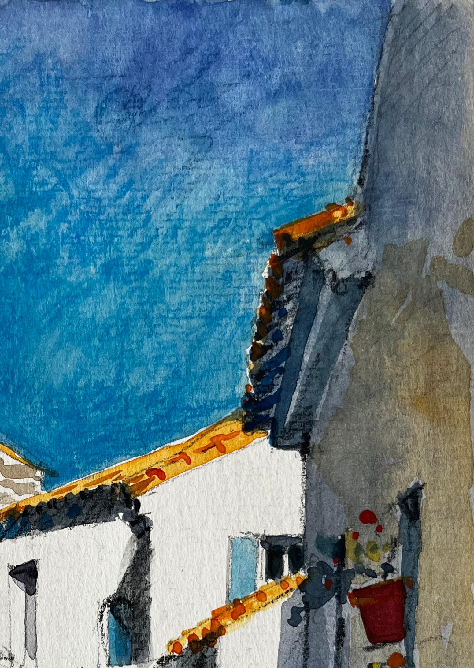 Sonnenbeschienenes Cucuron Mediterranes Gässchen Weiß getünchte Häuser Französisches Dorf (Grau), Landscape Art, von Pierre Neveu