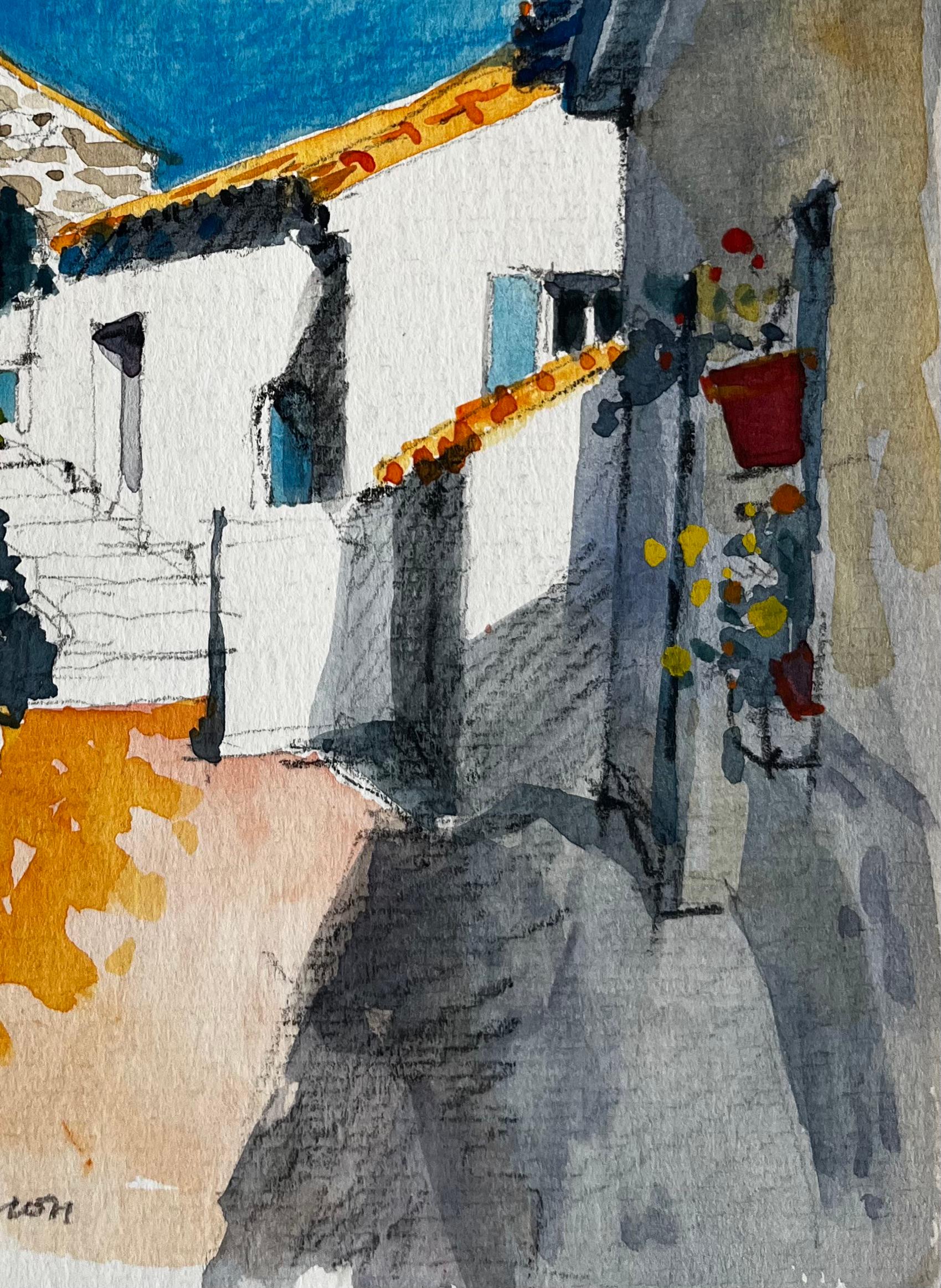 Titel: Sonnenbeschienenes Cucuron Mediterrane Gasse Weißgetünchte Häuser Französisches Dorf
Künstler: Pierre Neveu (Franzose, geb. 1929)
Medium: Aquarell auf Künstlerpapier, ungerahmt
Größe (H x B): 8,5 x 6,25 Zoll
Beschriftet Cucuron unten