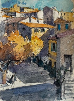 Sunlit Gordes French Hilltop Village Rooftops and Stone Steps Watercolor