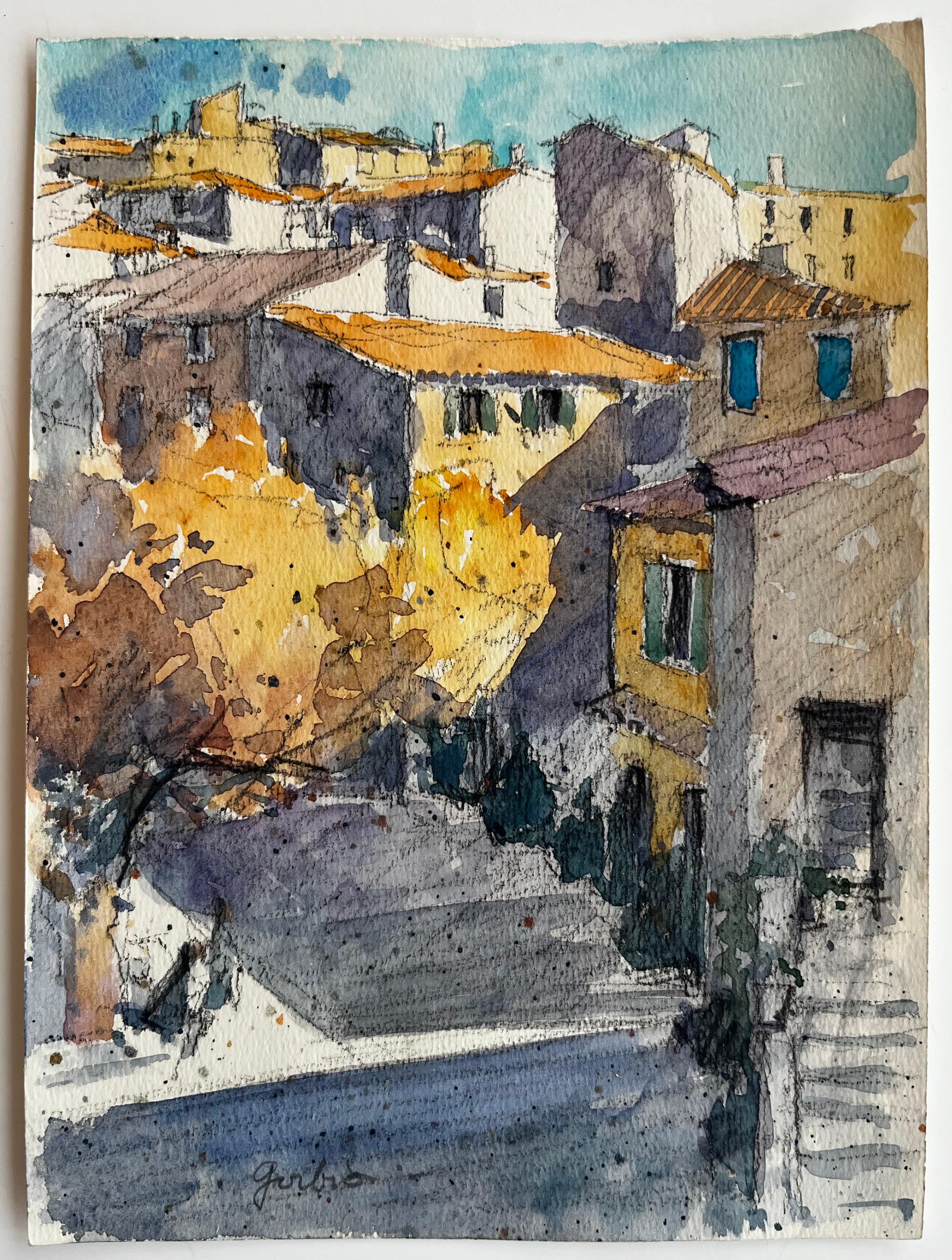 Village français de Gordes ensoleillé, toits et marches en pierre Aquarelle - Painting de Pierre Neveu