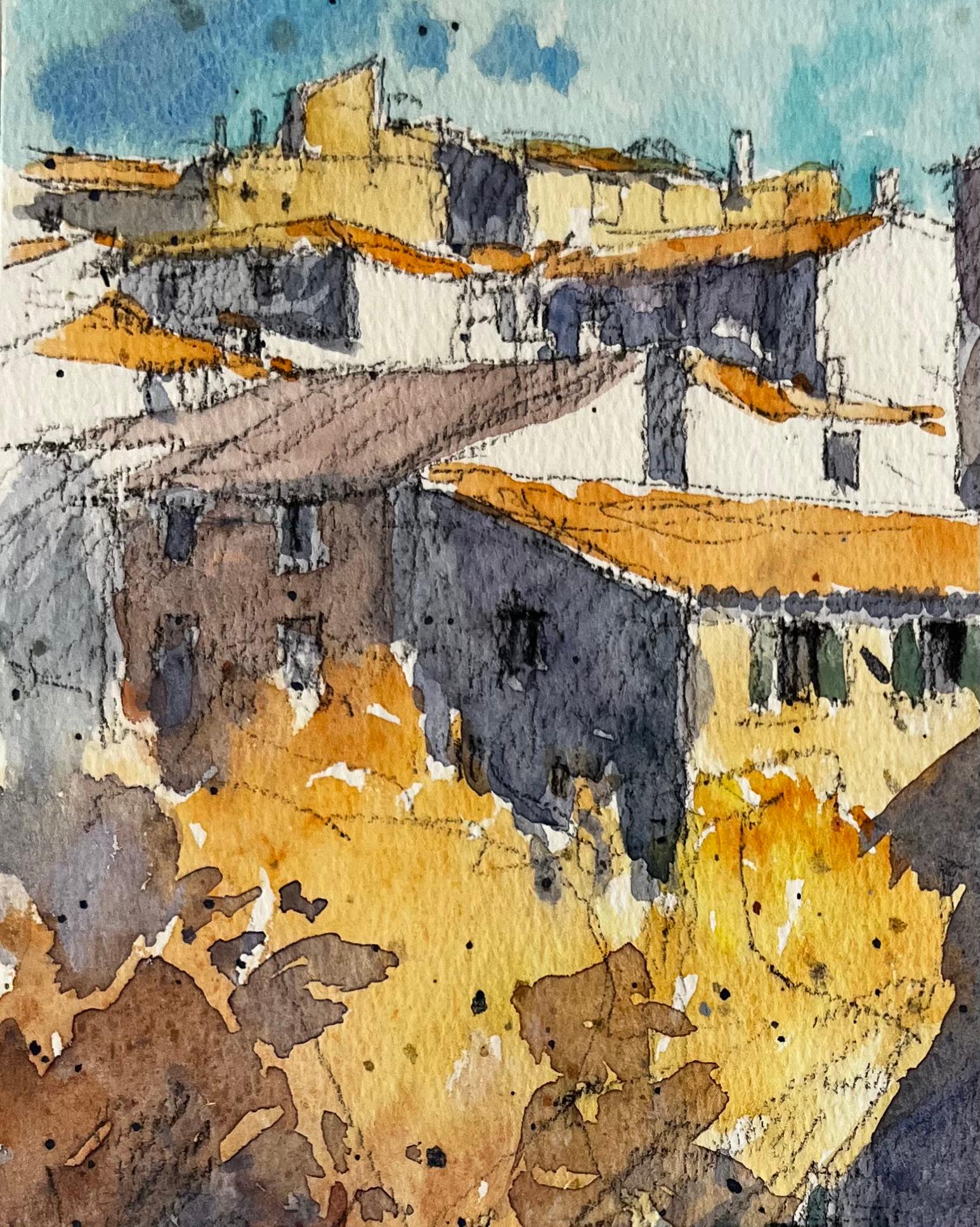 Village français de Gordes ensoleillé, toits et marches en pierre Aquarelle - Post-impressionnisme Painting par Pierre Neveu