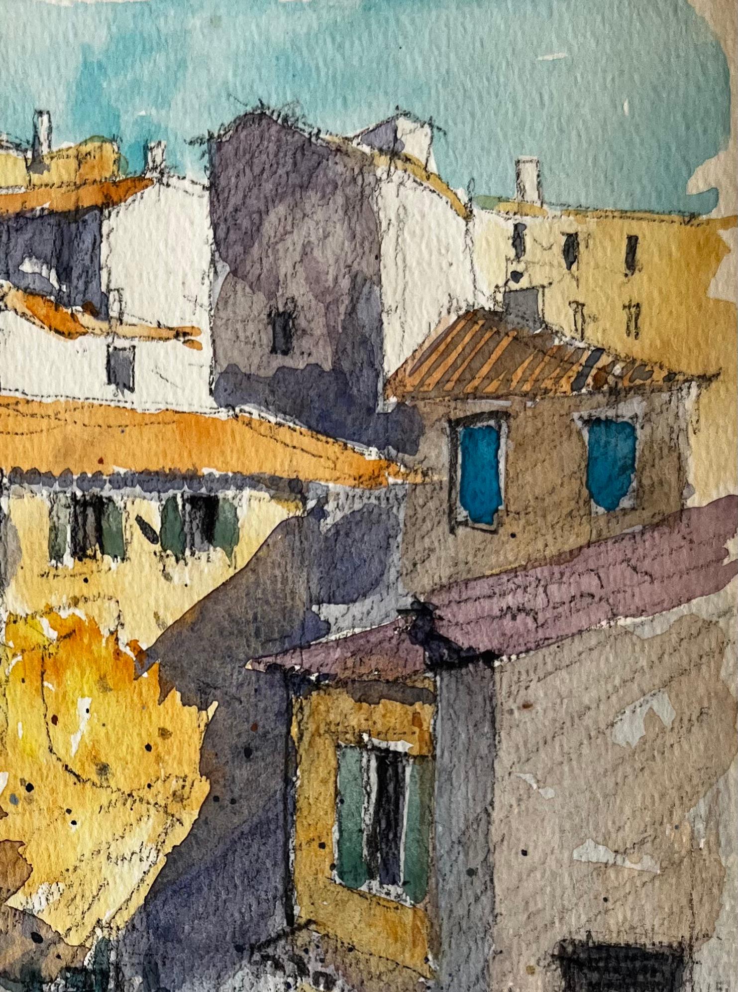 Village français de Gordes ensoleillé, toits et marches en pierre Aquarelle - Gris Landscape Painting par Pierre Neveu