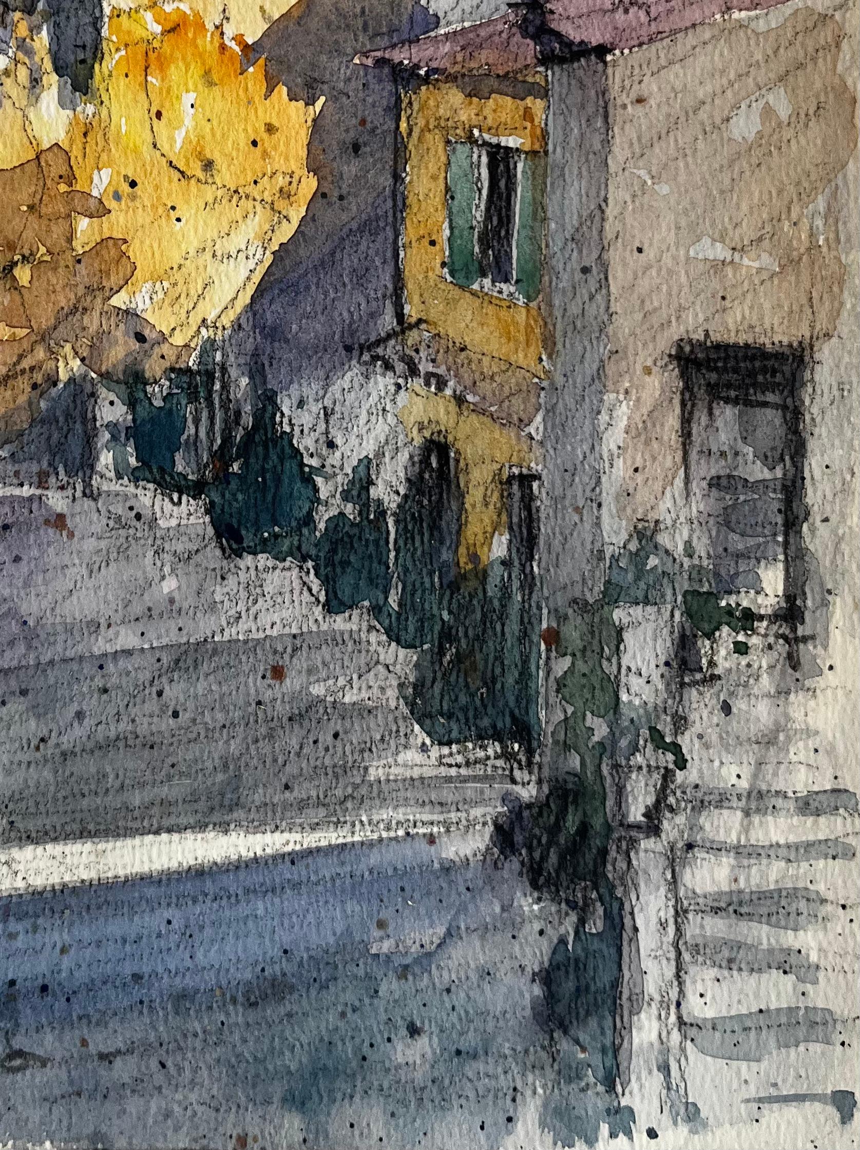 Village français de Gordes ensoleillé, toits et marches en pierre Aquarelle en vente 1