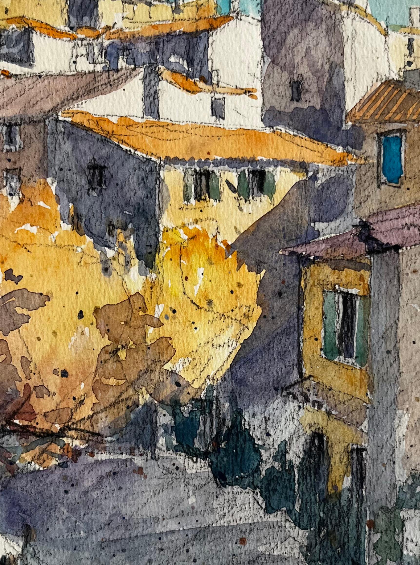 Village français de Gordes ensoleillé, toits et marches en pierre Aquarelle en vente 2