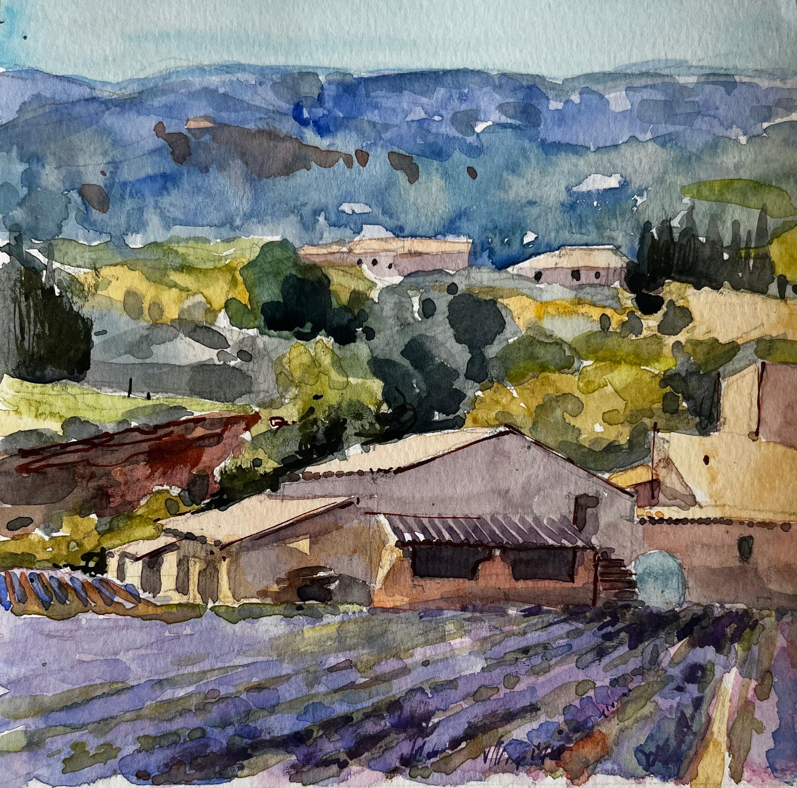 Provence Lavender Fields with Farmhouse and Distant Hills French Landscape