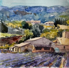 Provence Lavender Fields with Farmhouse and Distant Hills French Landscape