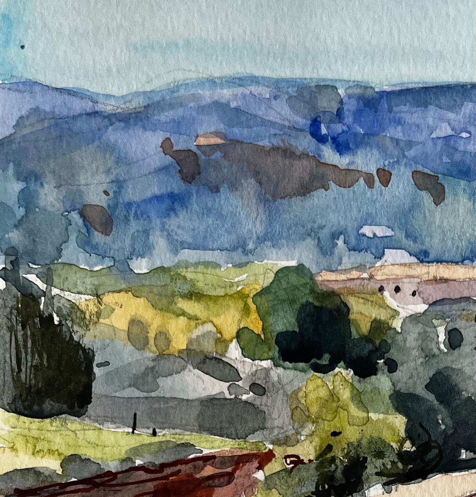 Provenza Campi di lavanda con casa colonica e colline lontane Paesaggio francese - Painting Postimpressionismo di Pierre Neveu