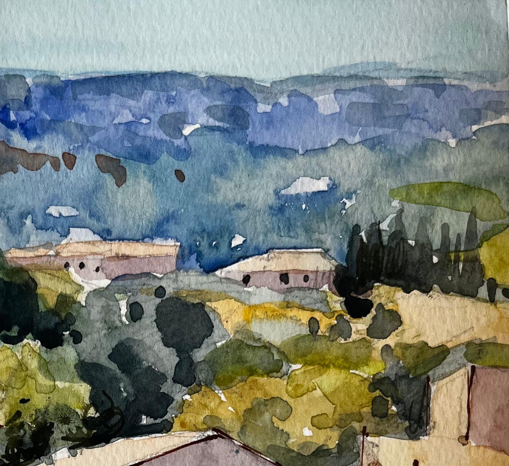 Titolo: Provenza Campi di lavanda con fattoria e colline lontane Paesaggio francese
Artista: Pierre Neveu (francese, nato nel 1929)
Medium: Acquerello su carta d'artista, senza cornice
Dimensioni (H. x L): 8,5 x 6,5 pollici
Condit: Complessivamente