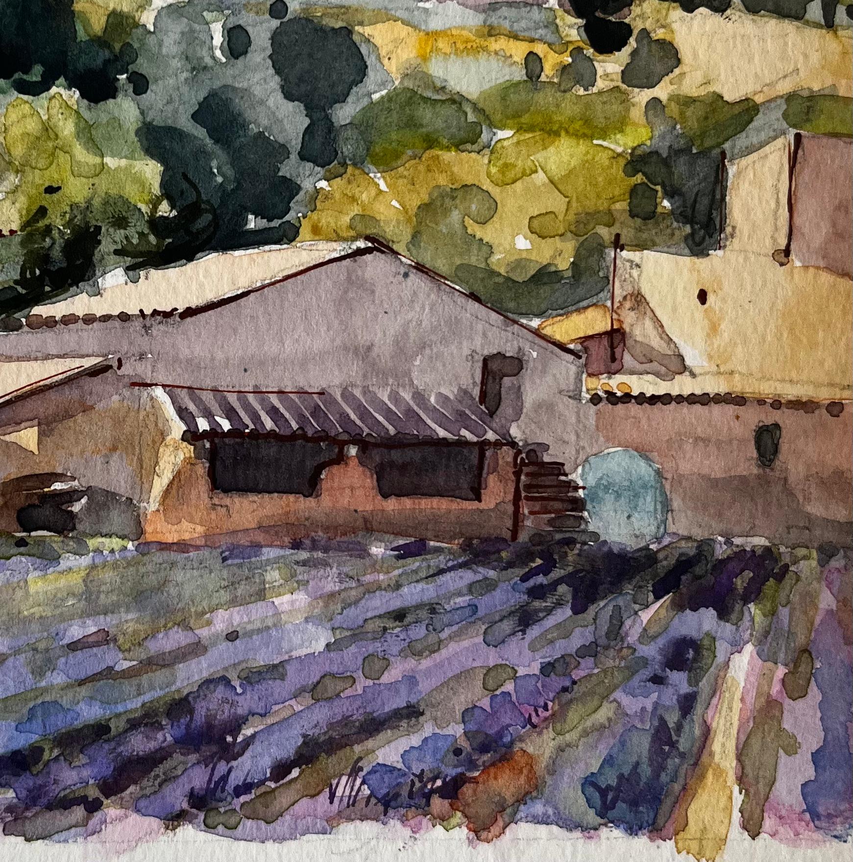 Provenza Campi di lavanda con casa colonica e colline lontane Paesaggio francese - Landscape Painting Grigio di Pierre Neveu