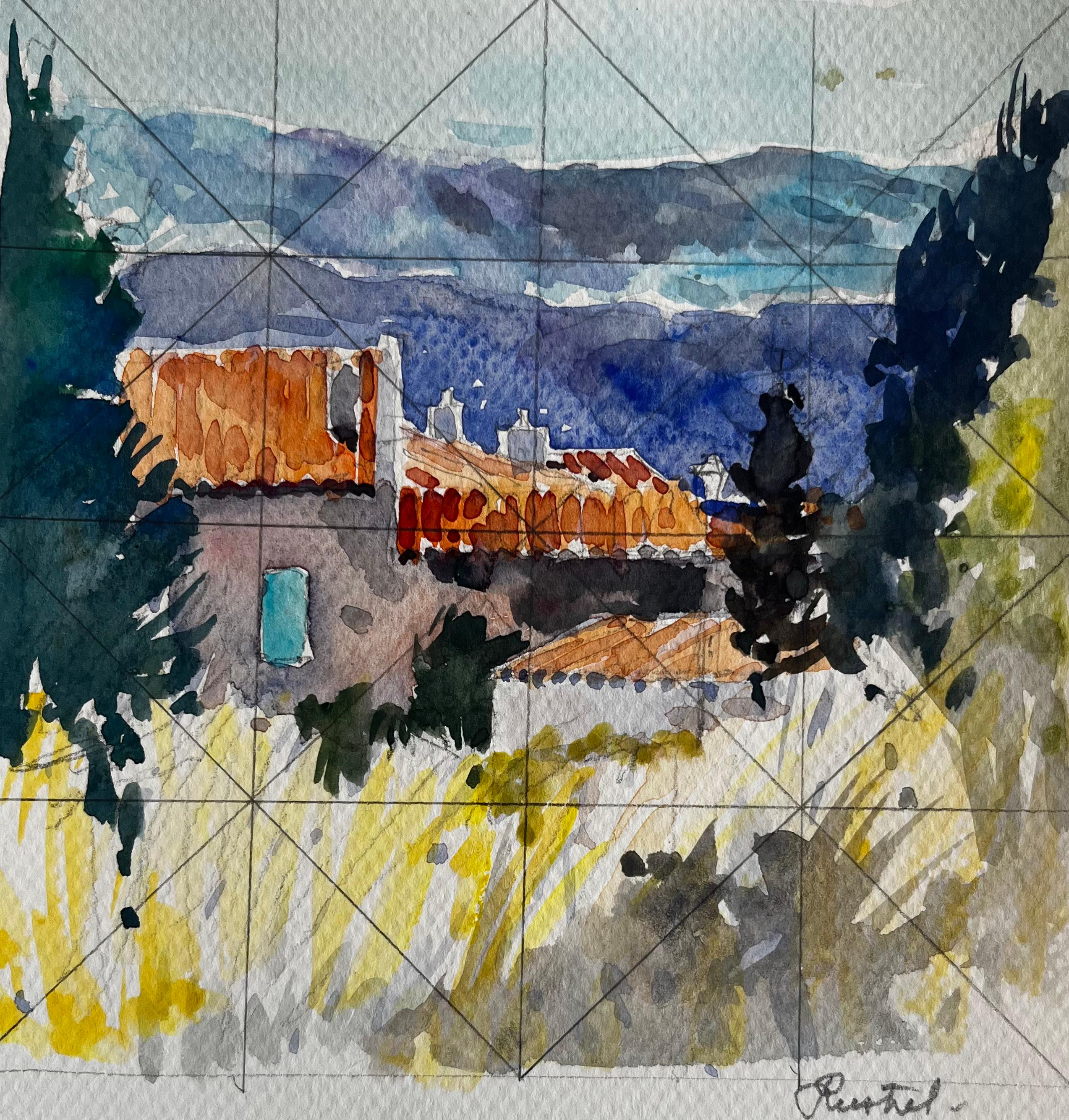 Tetti di Provenza Revestel con cipressi e vista sulle montagne Acquerello