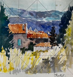 Revestel Provence Rooftops with Cypress Trees and Mountain Views Watercolor