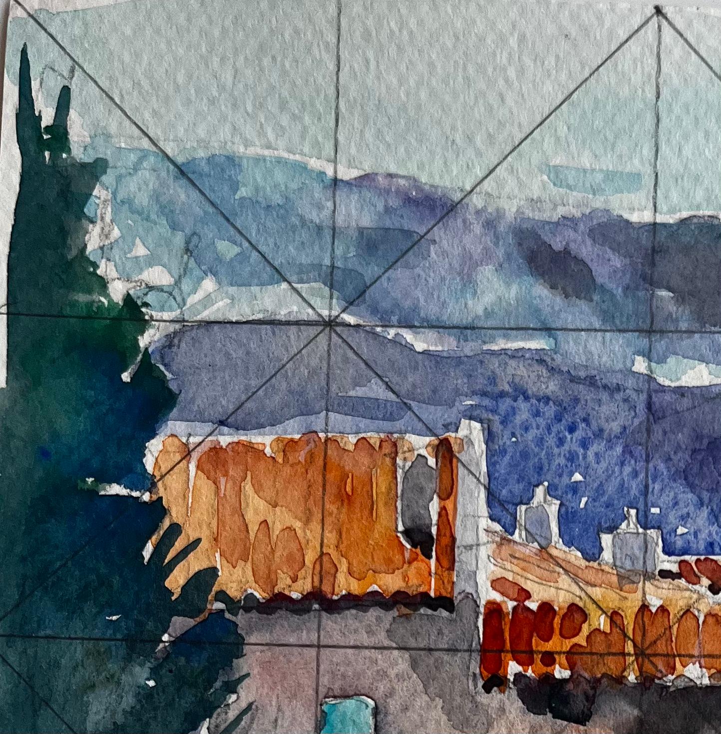 Revestel Provenza Azoteas con cipreses y vistas a la montaña Acuarela - Art Posimpresionista de Pierre Neveu