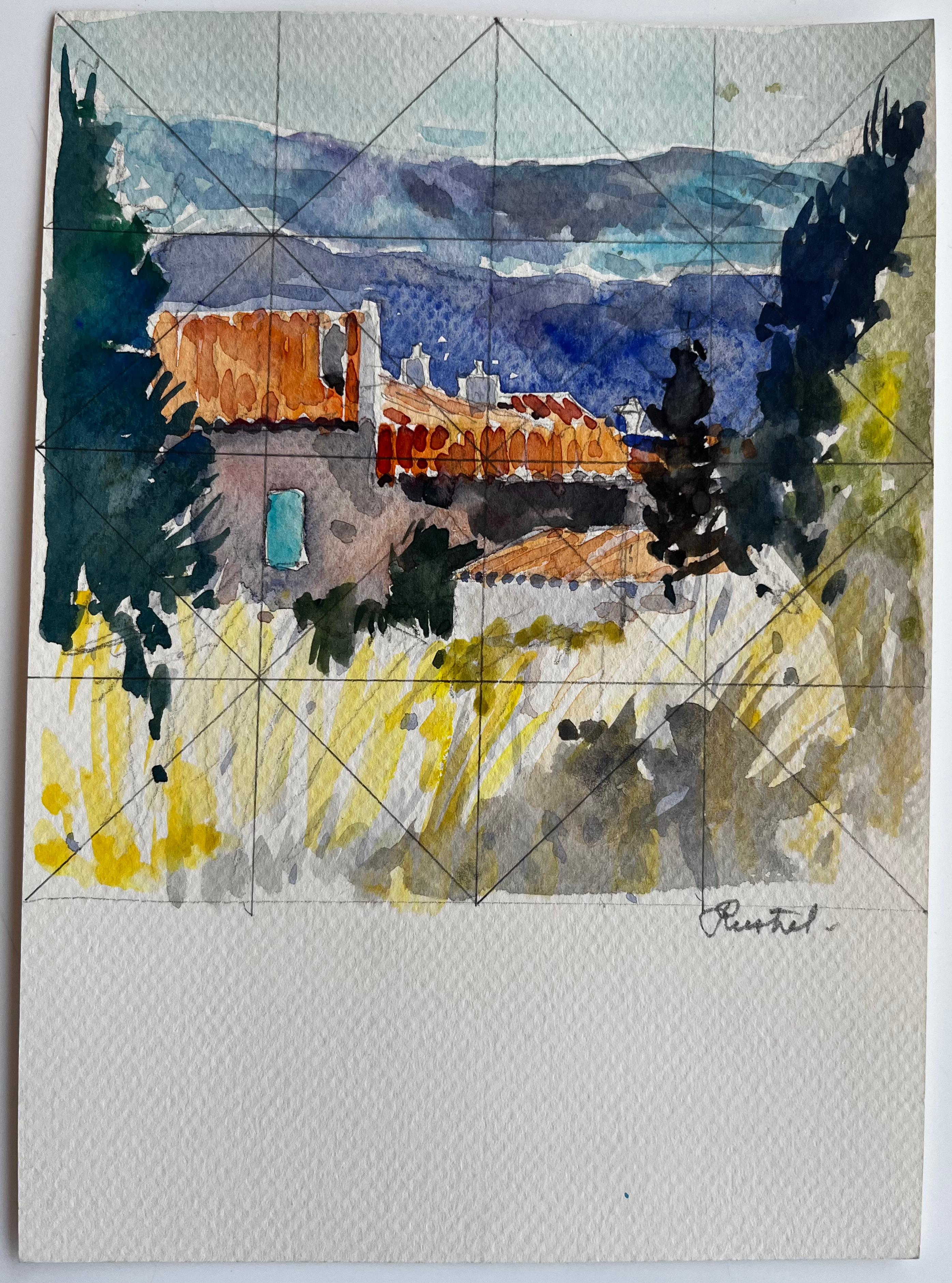 Revestel Provenza Azoteas con cipreses y vistas a la montaña Acuarela - Art de Pierre Neveu