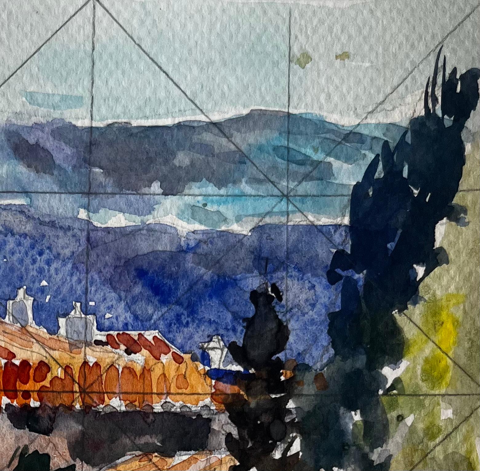 Revestel Provenza Azoteas con cipreses y vistas a la montaña Acuarela - Landscape Art Gris de Pierre Neveu