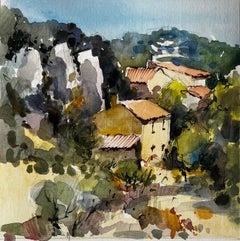 Provence Hillside with Stone Houses and Lush Trees French Landscape Watercolor