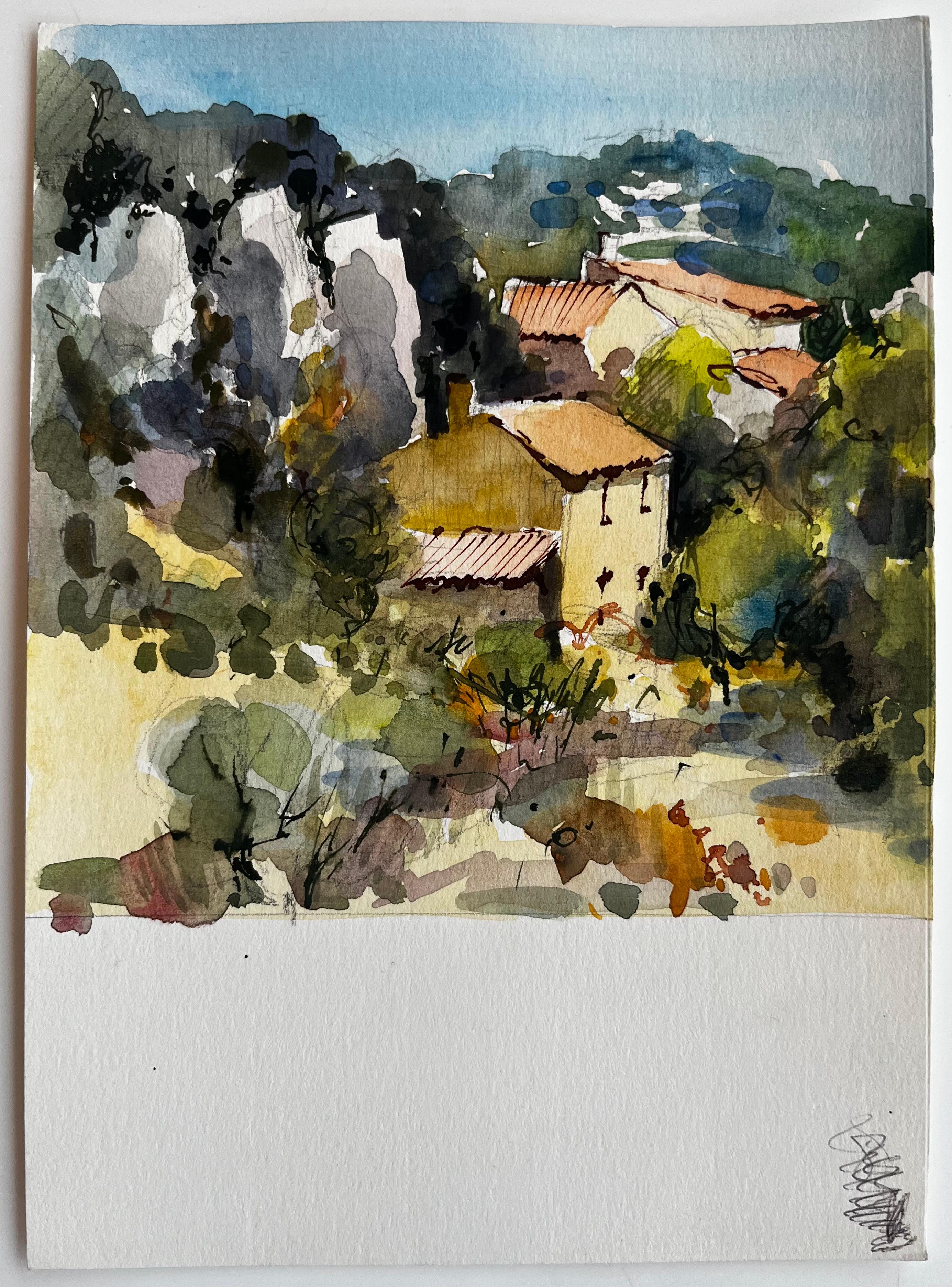 Collina della Provenza con case in pietra e alberi rigogliosi Paesaggio francese acquerello - Art di Pierre Neveu
