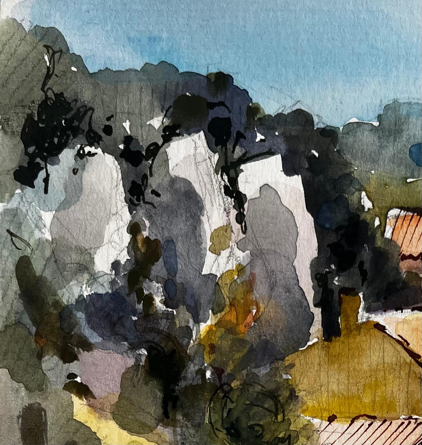 Collina della Provenza con case in pietra e alberi rigogliosi Paesaggio francese acquerello - Art Postimpressionismo di Pierre Neveu