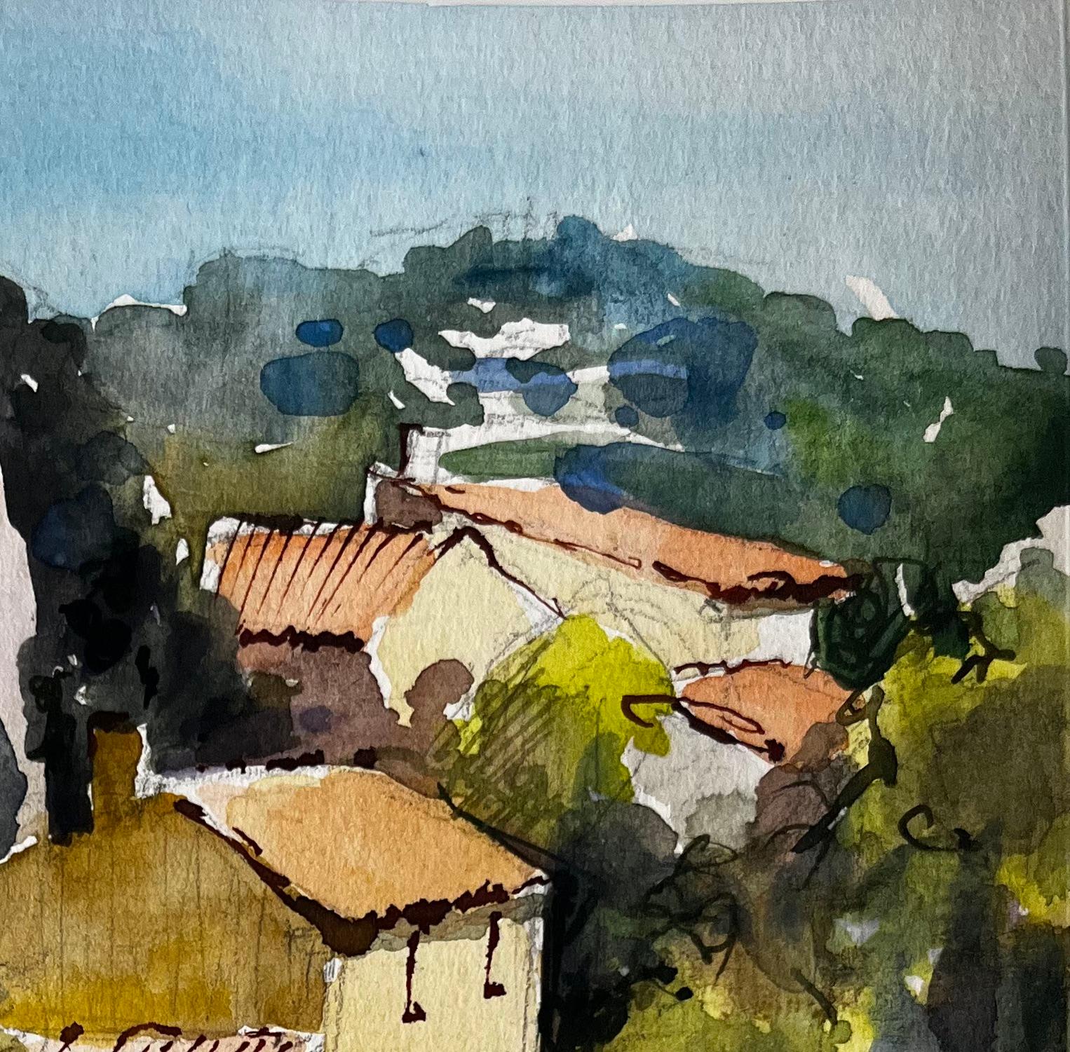 Collina della Provenza con case in pietra e alberi rigogliosi Paesaggio francese acquerello - Landscape Art Nero di Pierre Neveu