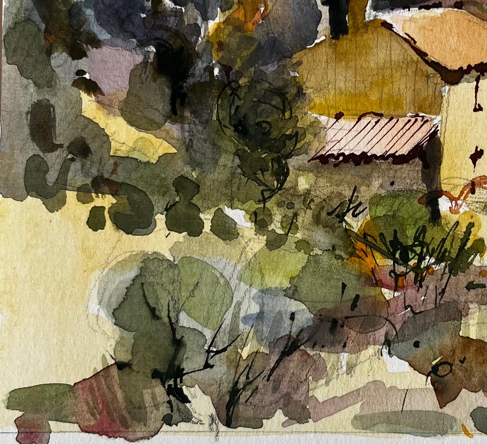 Collina della Provenza con case in pietra e alberi rigogliosi Paesaggio francese acquerello in vendita 1