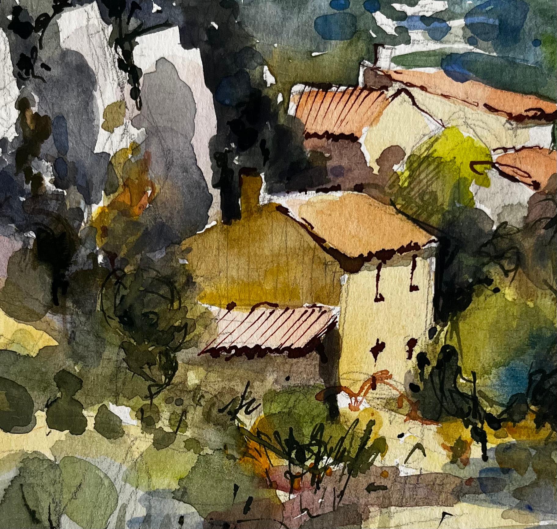 Collina della Provenza con case in pietra e alberi rigogliosi Paesaggio francese acquerello in vendita 2