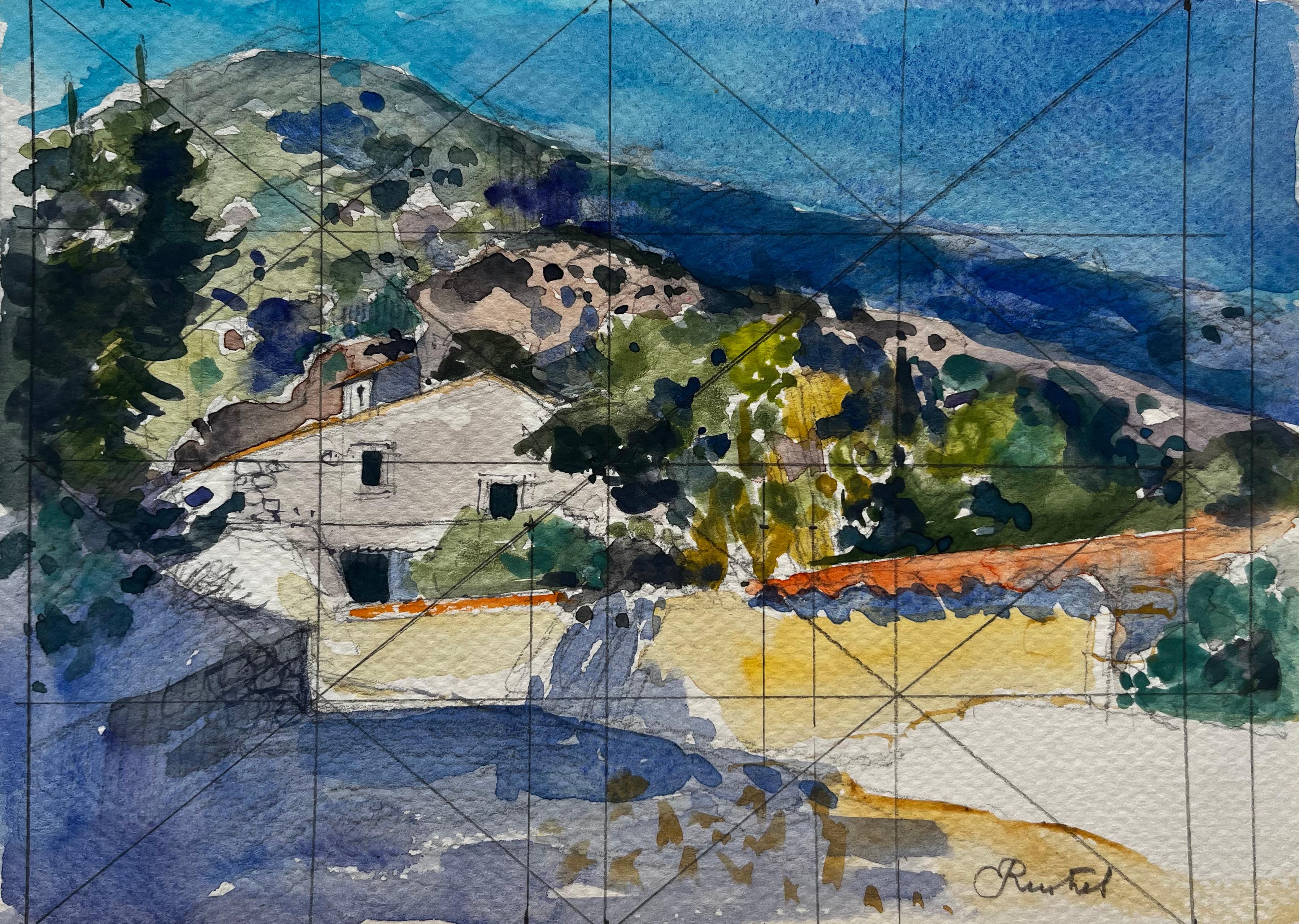 Revestel Provenza Paesaggio montano con case di pietra Acquerello francese