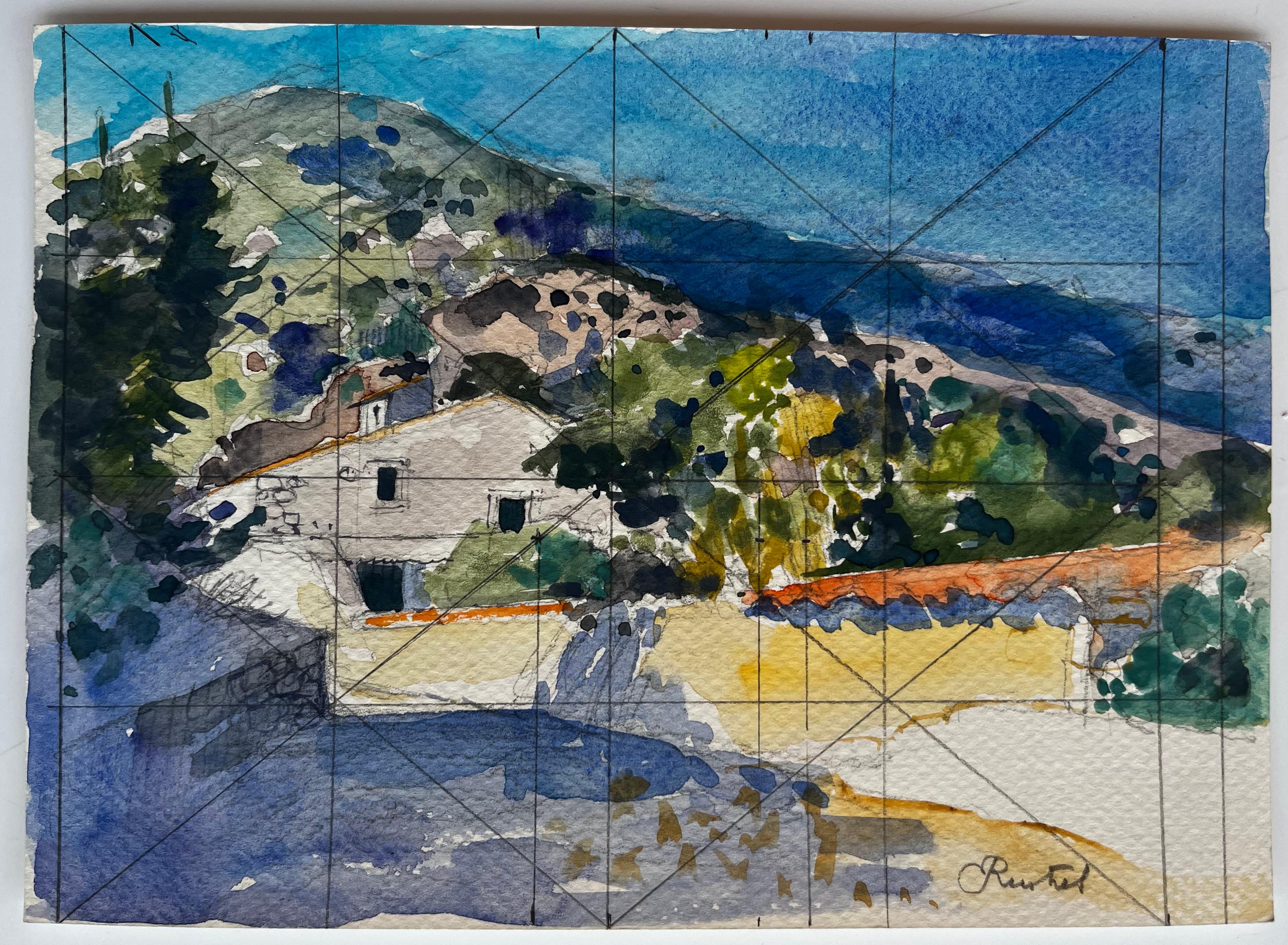 Revestel Provenza Paesaggio montano con case di pietra Acquerello francese - Art di Pierre Neveu