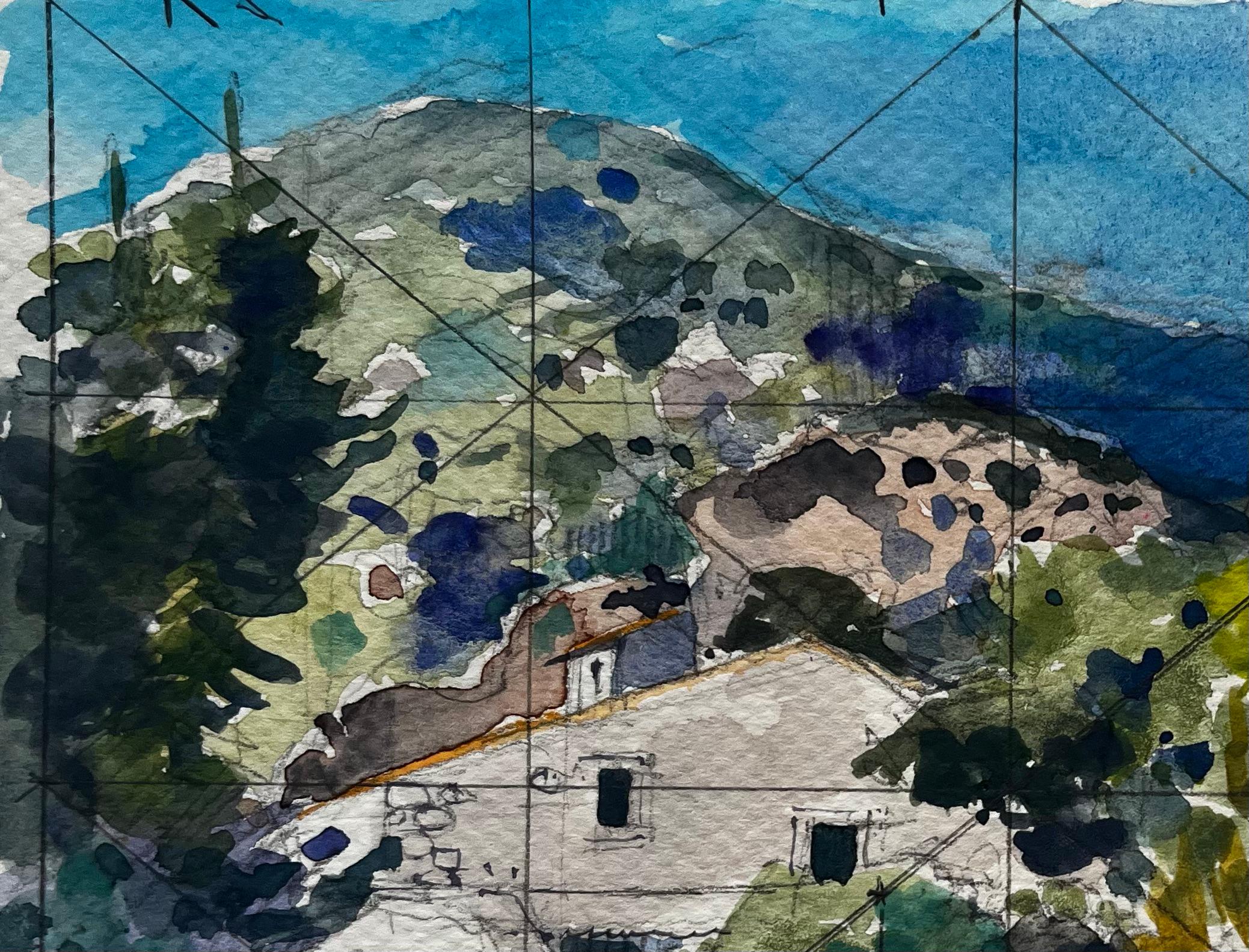 Revestel Provenza Paesaggio montano con case di pietra Acquerello francese - Art Postimpressionismo di Pierre Neveu