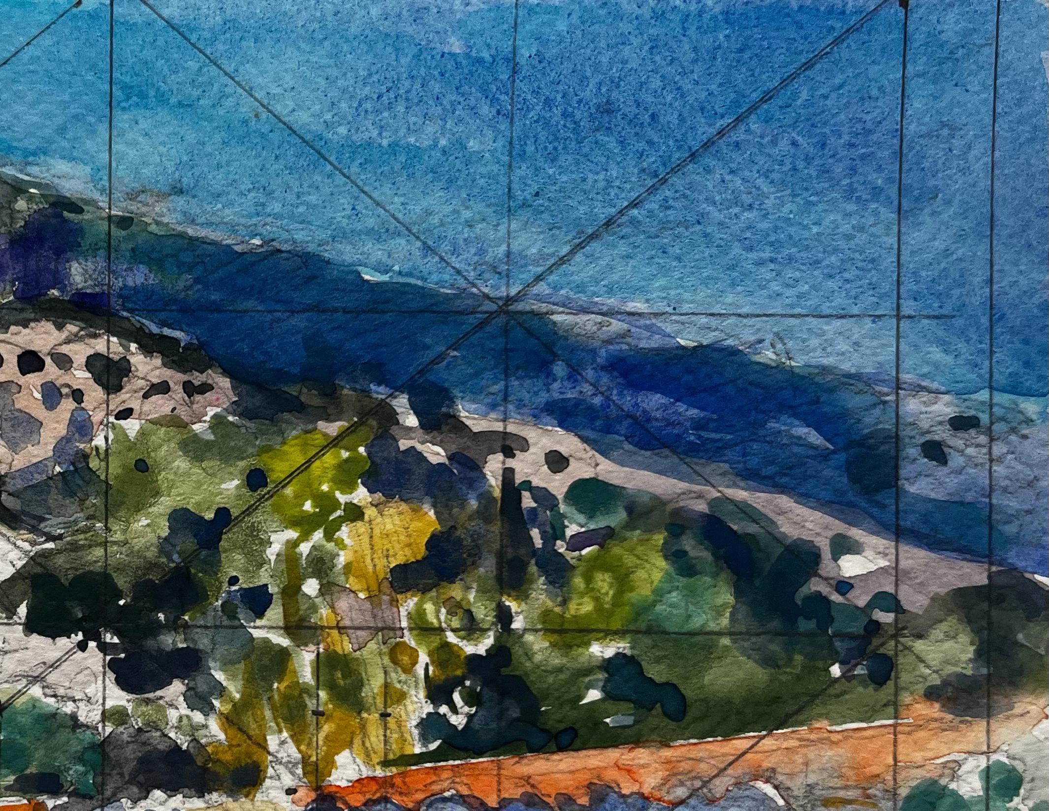 Revestel Provenza Paesaggio montano con case di pietra Acquerello francese - Landscape Art Grigio di Pierre Neveu