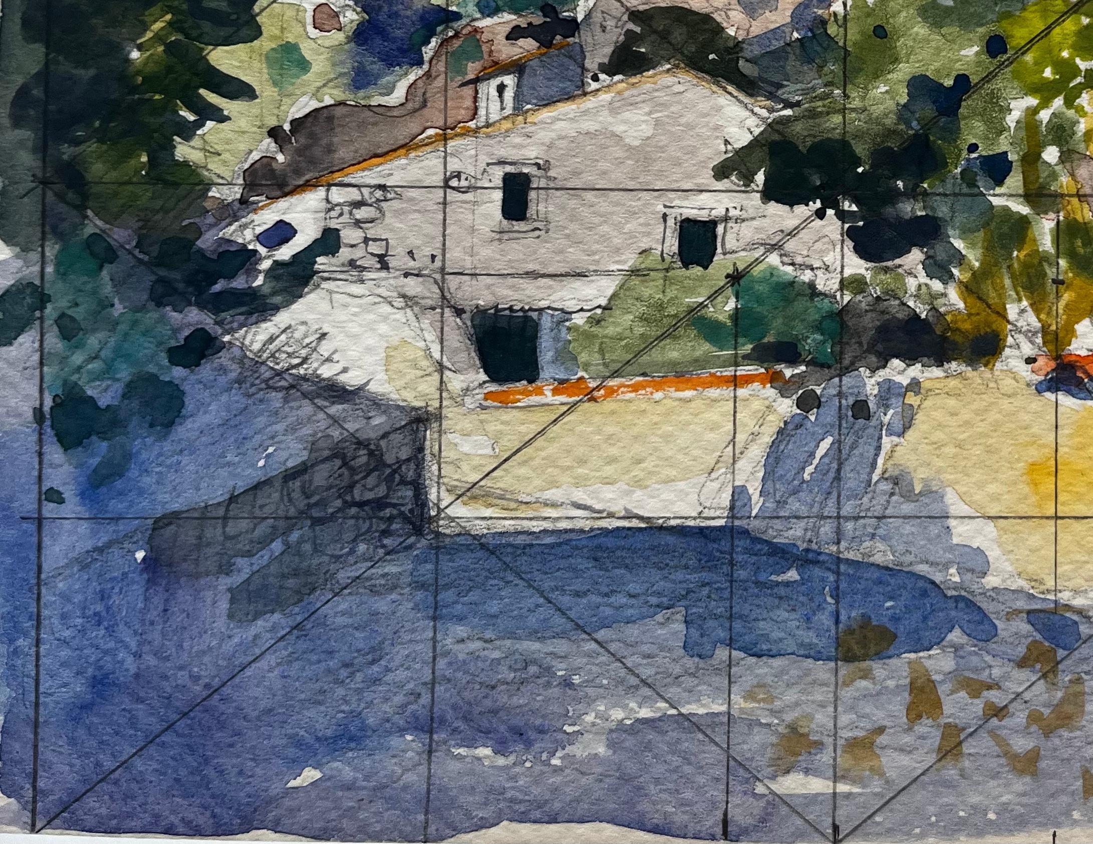 Revestel Provenza Paesaggio montano con case di pietra Acquerello francese in vendita 1