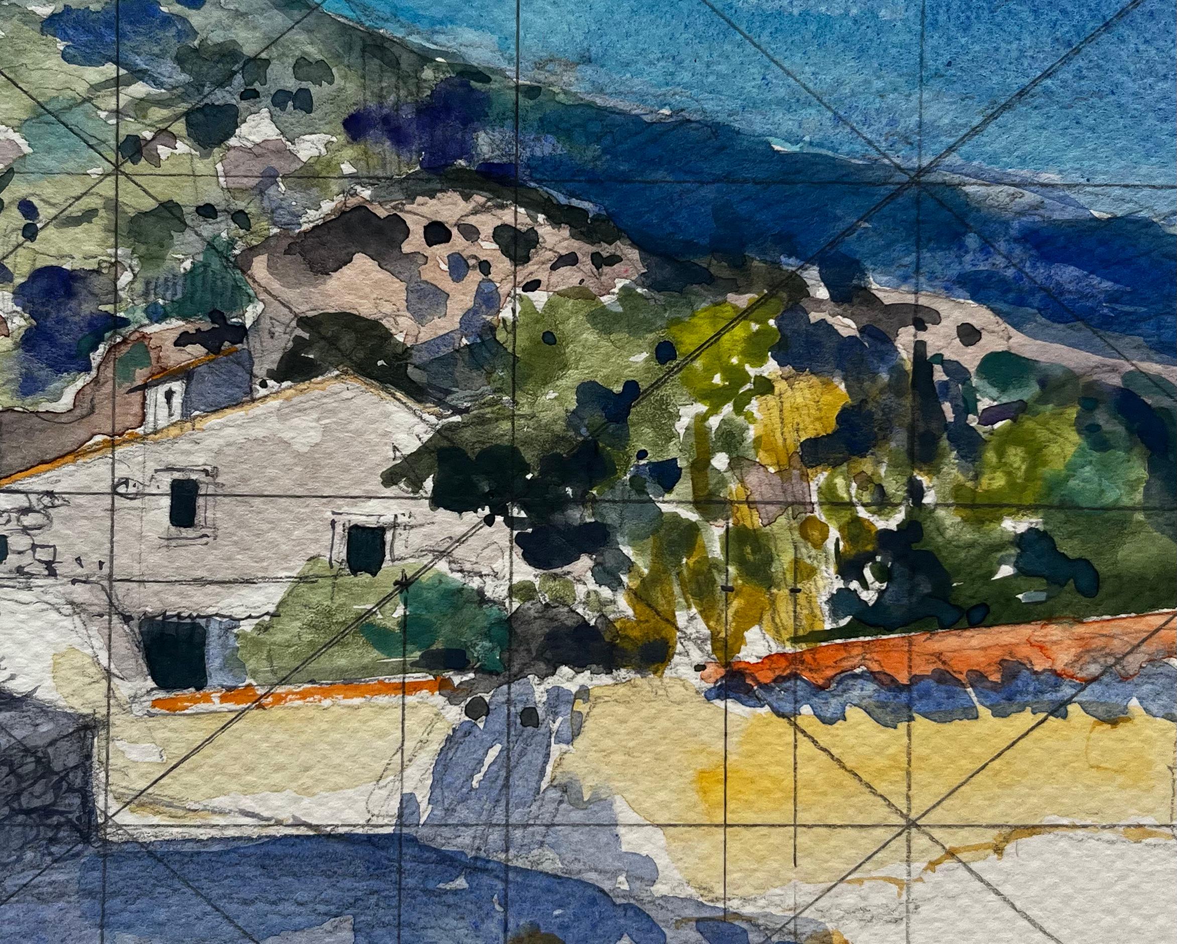 Revestel Provenza Paesaggio montano con case di pietra Acquerello francese in vendita 2