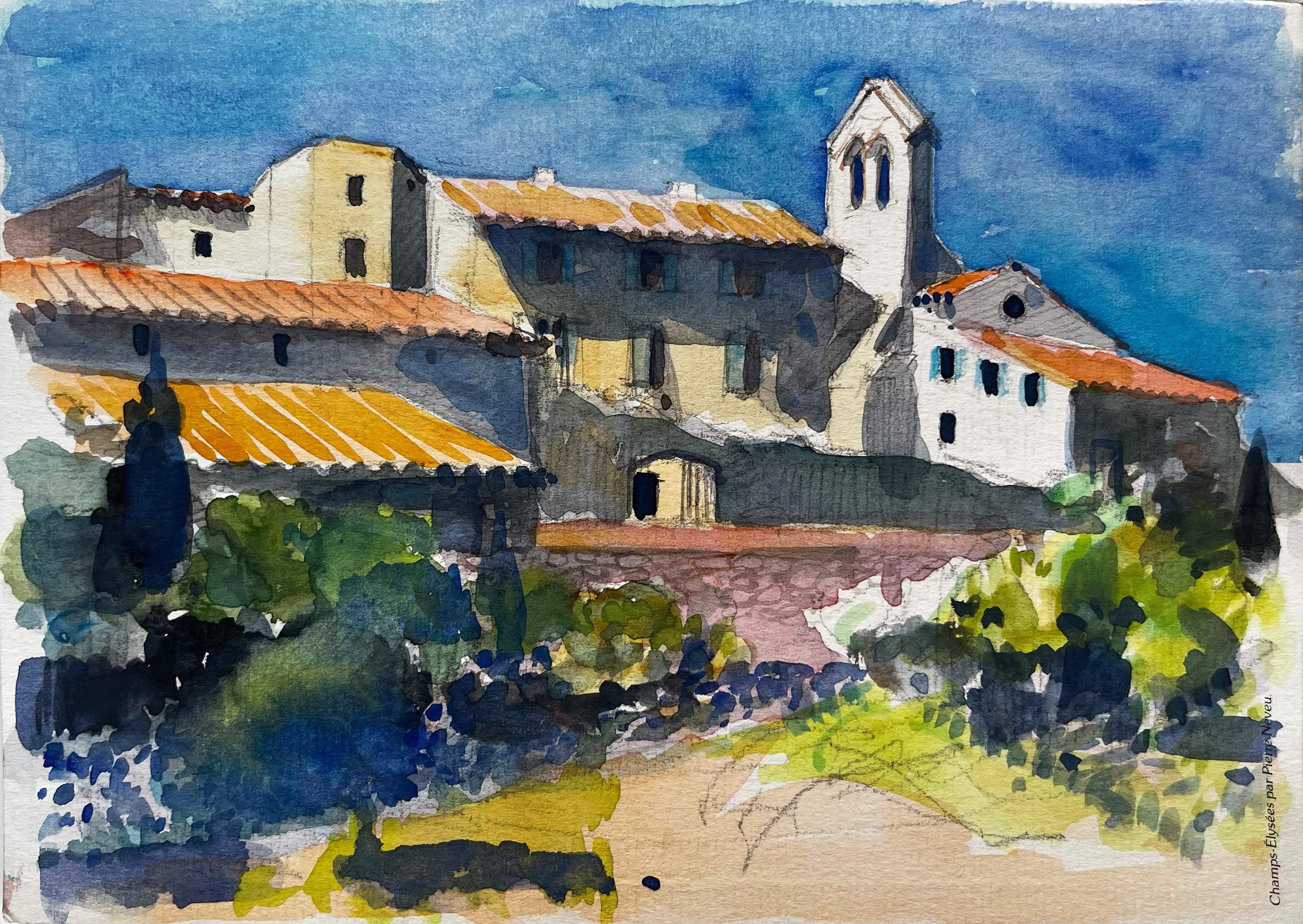 Provence Village with Church Tower and Terracotta Rooftops French Landscape