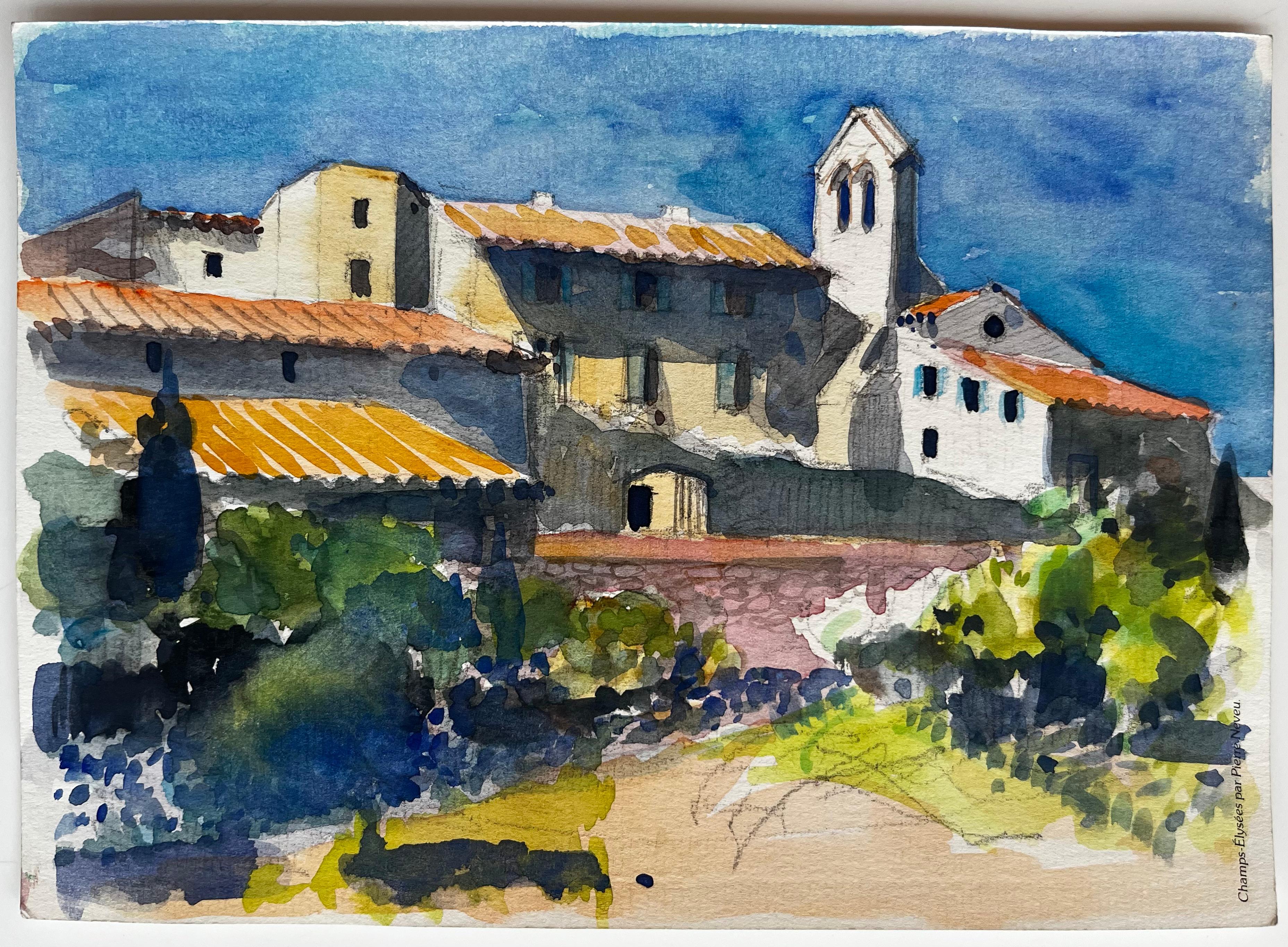 Provence-Dorf mit Kirchturm und Terrakotta-Dächern Französische Landschaft – Painting von Pierre Neveu