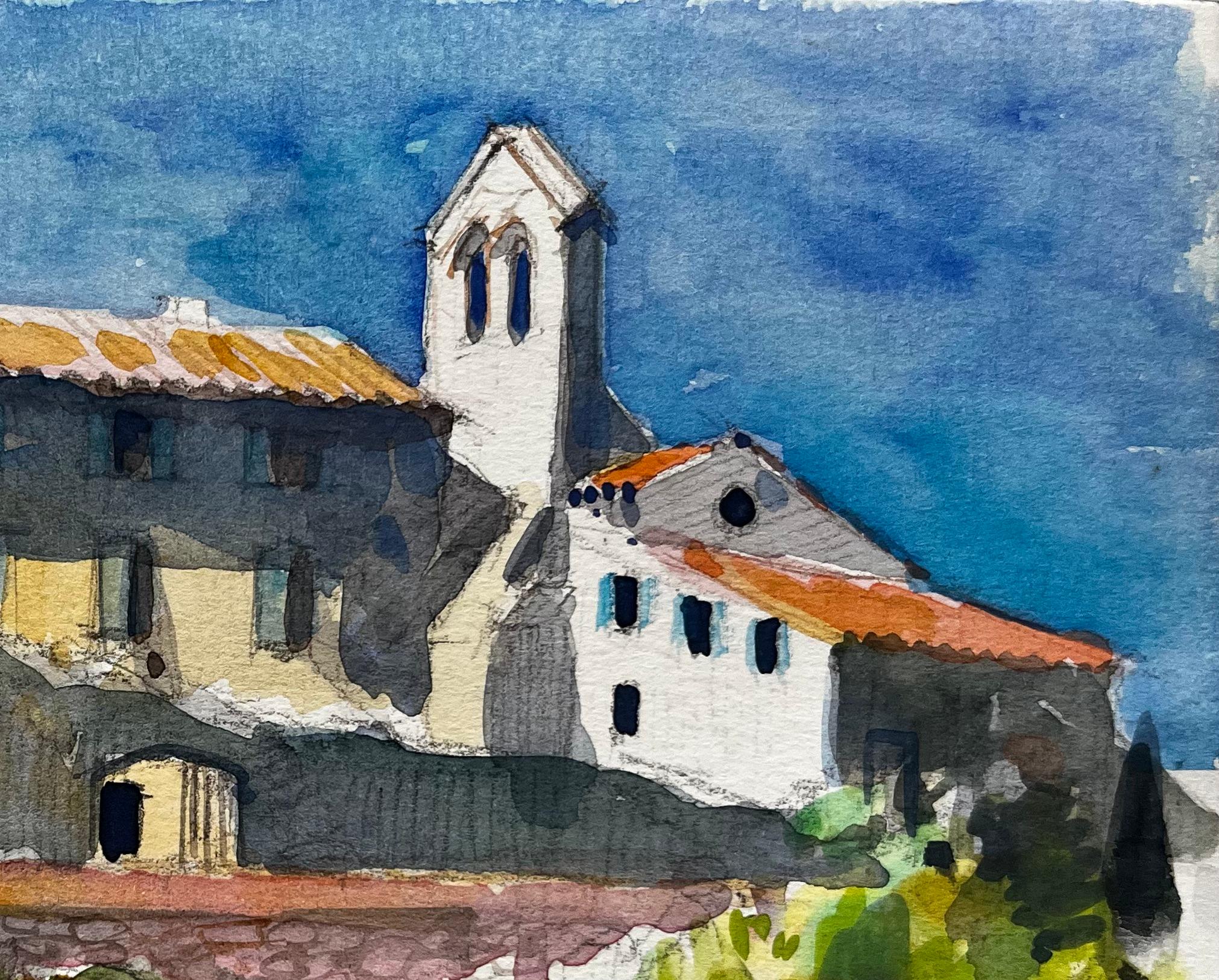 Provence-Dorf mit Kirchturm und Terrakotta-Dächern Französische Landschaft (Grau), Landscape Painting, von Pierre Neveu