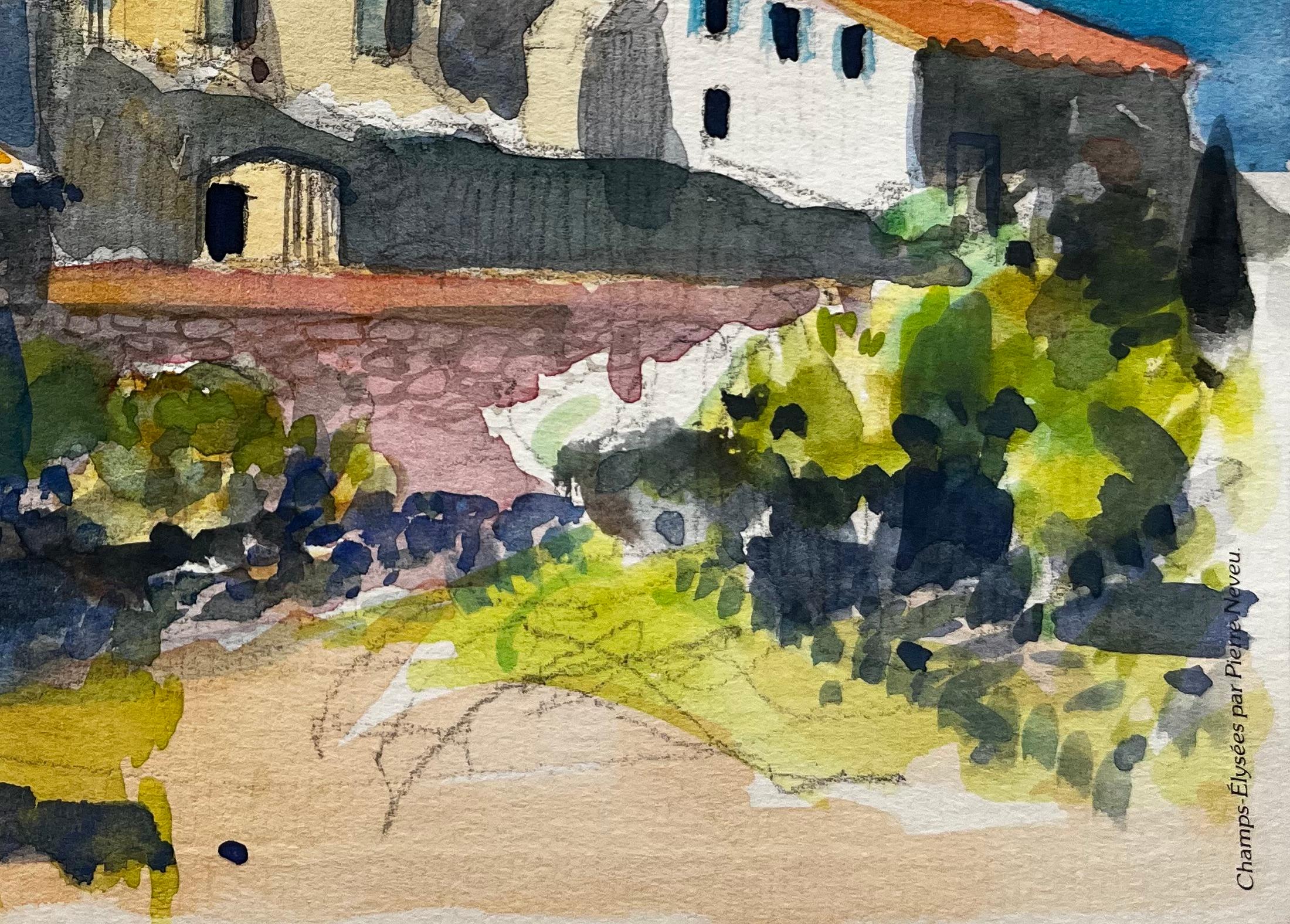 Titel: Provence-Dorf mit Kirchturm und Terrakotta-Dächern Französische Landschaft Aquarell
Künstler: Pierre Neveu (Franzose, geb. 1929)
Medium: Aquarell auf Künstlerpapier, ungerahmt
Größe (H x B): 6,25 x 8,5 Zoll
Zustand: Insgesamt gut, mit