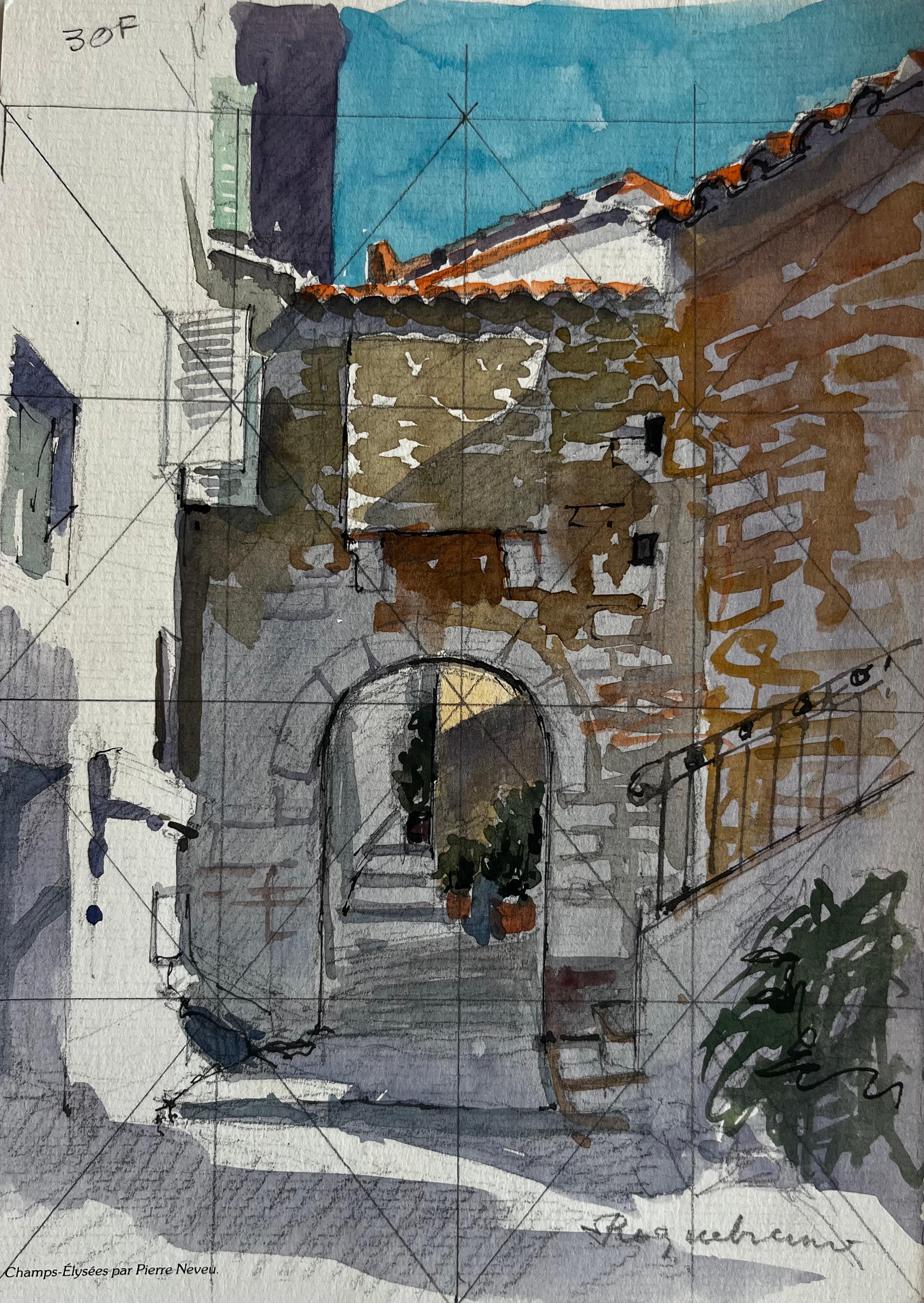 Bargemon Provence Stone Archway Sunlit Steps French Village Watercolor