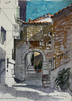 Bargemon Provence Stone Archway Sunlit Steps French Village Watercolor